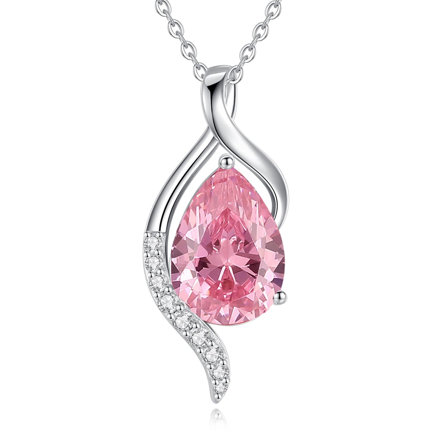 FANCIME October Birthstone Necklace for Women Teardrop Pink Tourmaline Necklace S925 Sterling Silver Gentle Love Birthday Gifts for Mom Women, 16"+2" Inches
