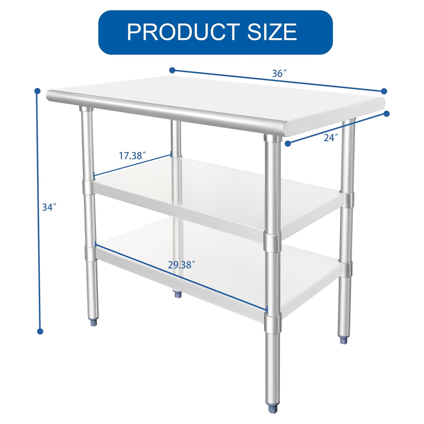 HARDURA Stainless Steel Prep & Work Table 24 x 36 Inches NSF Heavy Duty Commercial with Two Undershelves, Galvanized Legs for Commercial Food Prep