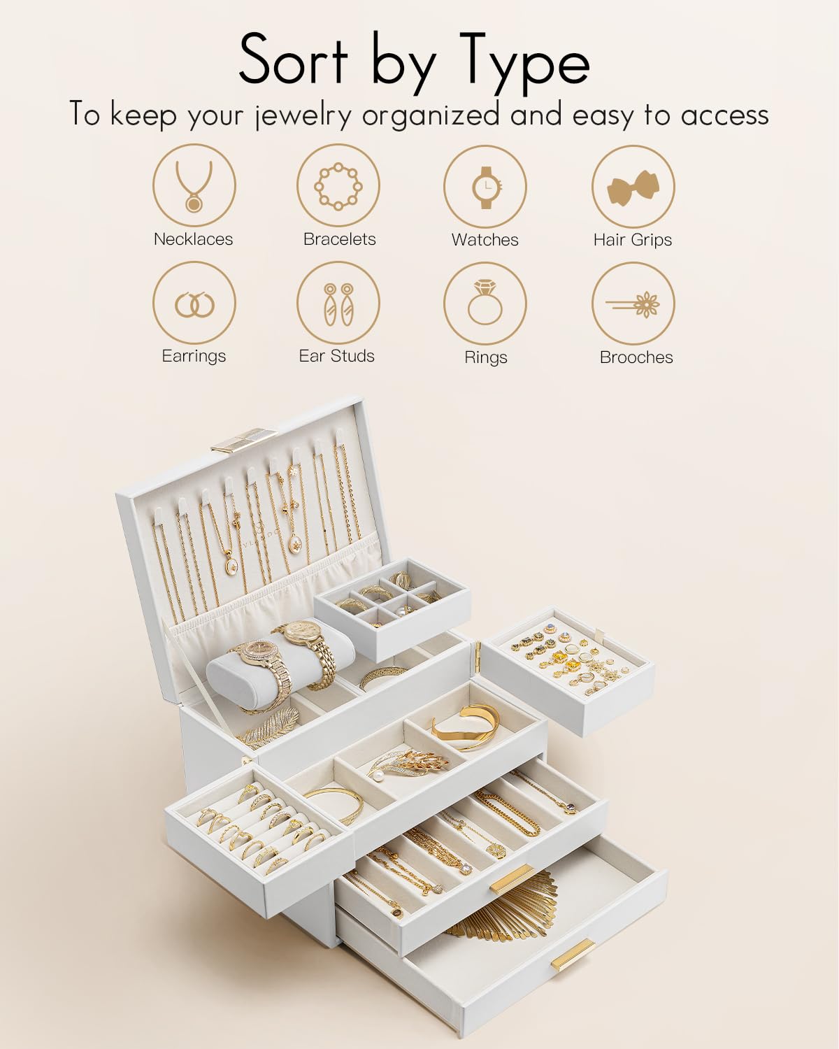 VLANDO 4 Layers Jewelry Box - Women Jewelry Box with Retractable Tray - Jewelry Organizer with Drawer for Necklaces, Rings, Bracelets, Earrings, Gift for Couples Mom Girls - White