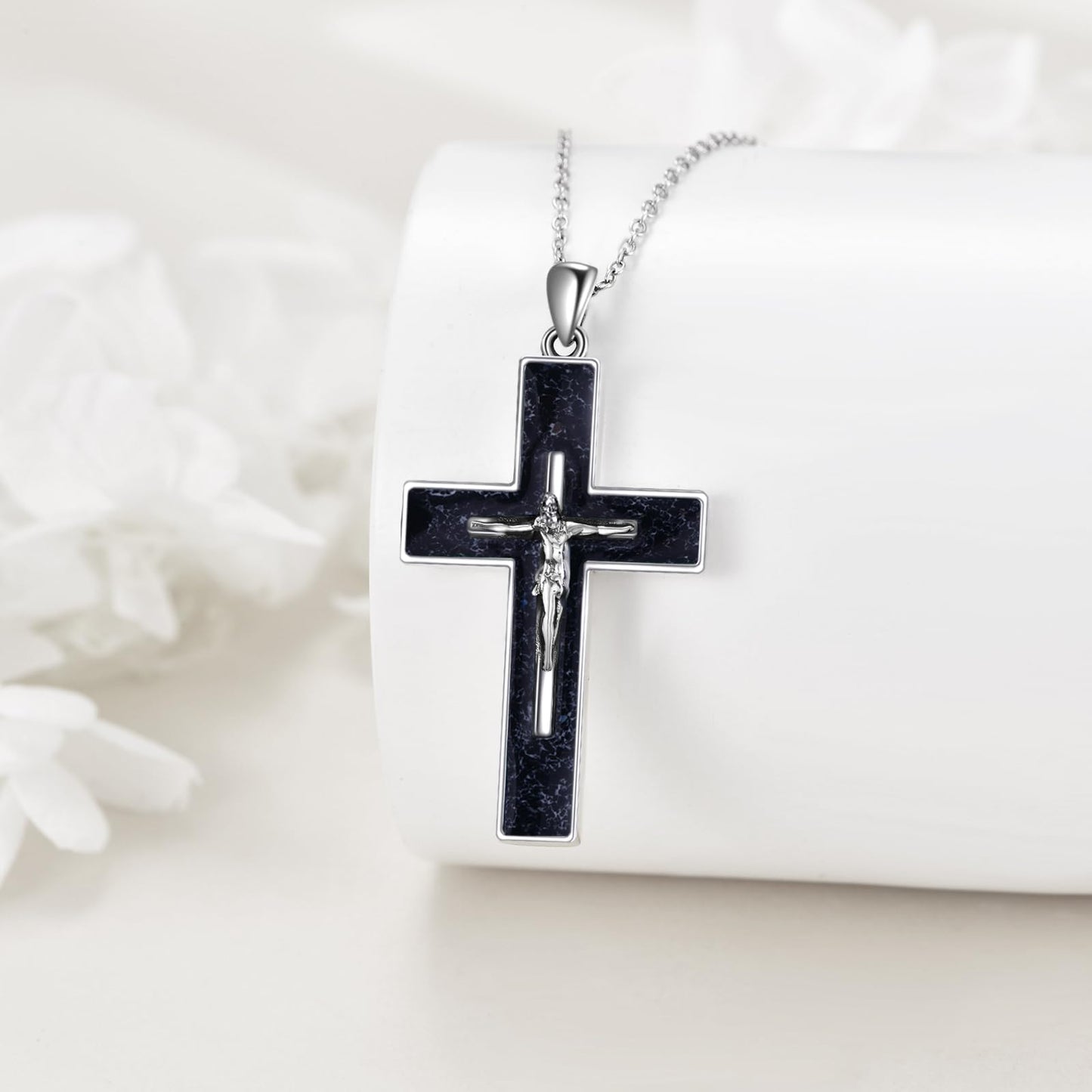 YFN Crucifix Cross Necklace Sterling Silver Jesus Cross Pendant Black Onyx Jewelry Christian Gifts for Women Men