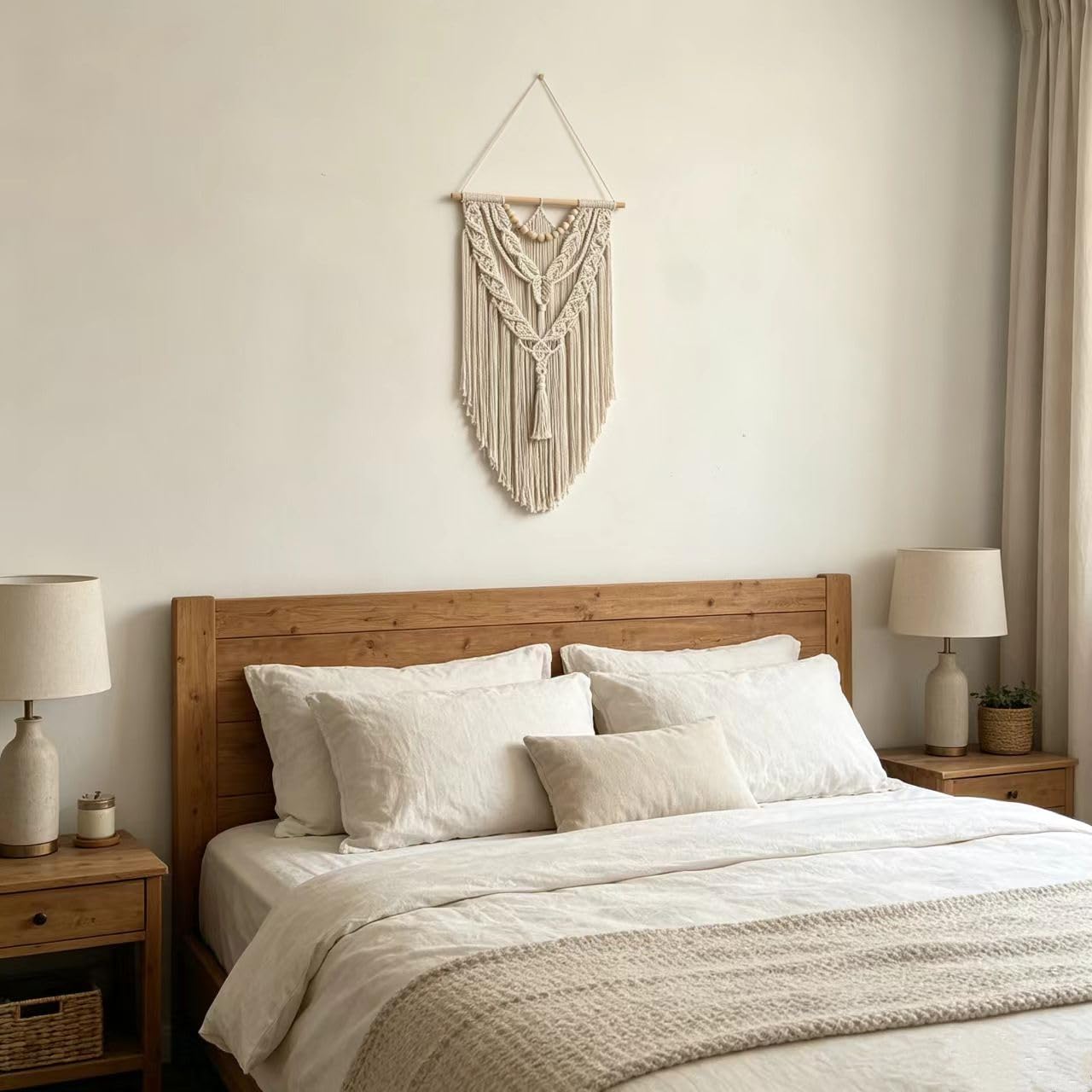 Macrame Wall Hanging Boho Geometric Woven Tapestry Cotton Handmade Bohemian Art Decor with Wood Bead Wall Decor for Bedroom Living Room Apartment Nursery 31.5" L x 17" W (Wood Bead-Y)