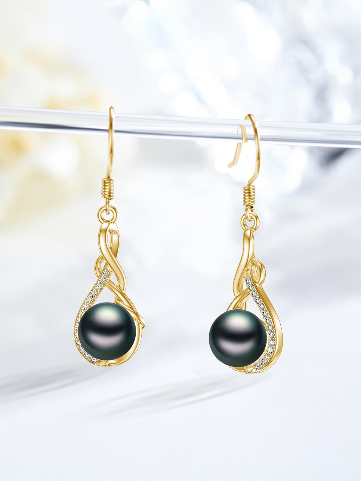 KANNSOAR 925 Sterling Silver 7MM Tahitian Black Pearl Dangle Drop Earrings, 18K Gold Plated, Everyday Infinity Earrings for Women Hypoallergenic Jewelry Gift for Anniversary Birthday Christmas