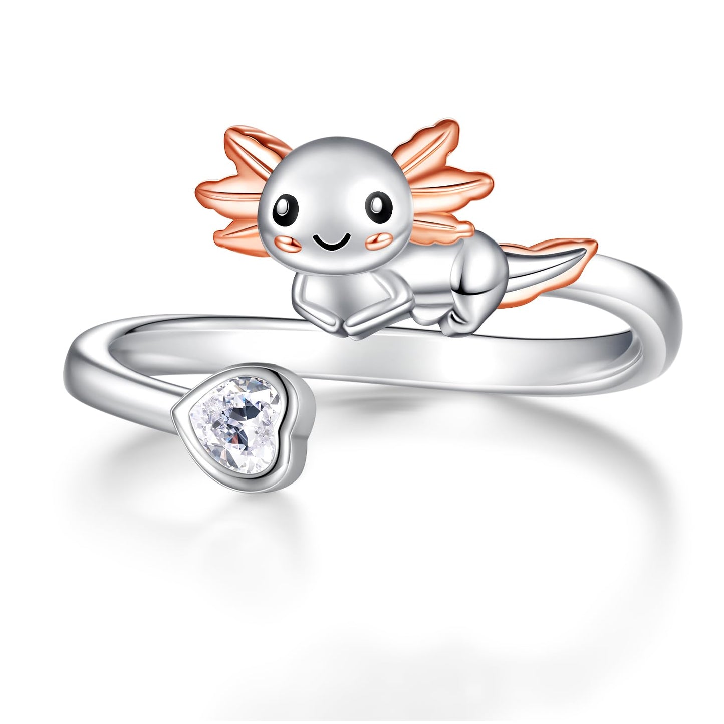 Zepmais 925 Sterling Silver Animal Ring - Adjustable Open Owl Axolotl Rings with Heart Cubic Zirconia Opal Cute Animals Jewelry Gifts for Women (Axolotl Ring)