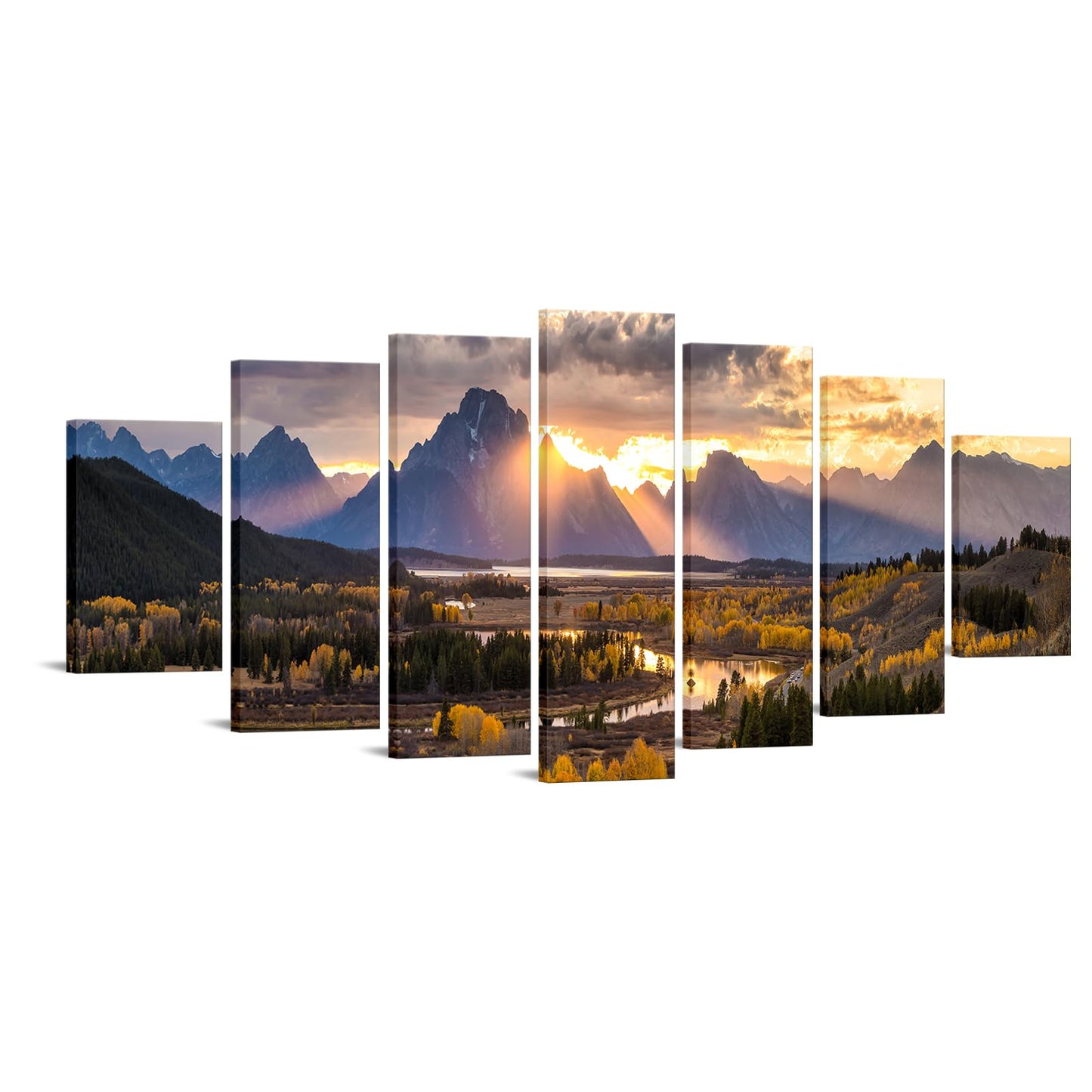iKNOW FOTO XLarge Canvas Set of 7 Wall Art Grand Teton National Park in Autumn in Wyoming USA Landscape Picture Prints Painting Scenery Wall Decor for Home Decorations 70x32 Inches
