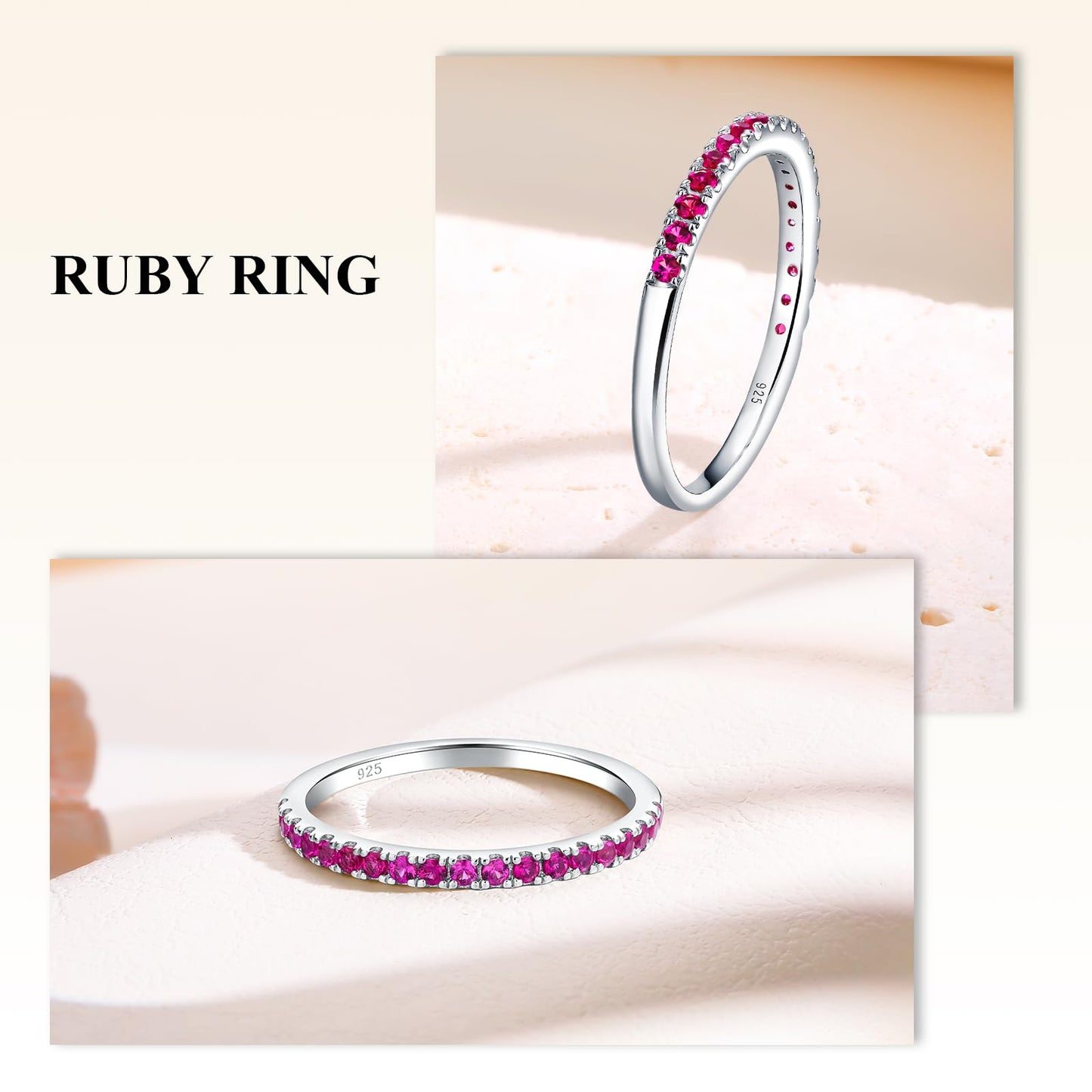 AGRULE Ruby Wedding Bands 1.4mm Wide Sterling Silver Stackable Half Eternity Band July Birthstone Inlaid Red Stone Rings for Men Women, Size 9