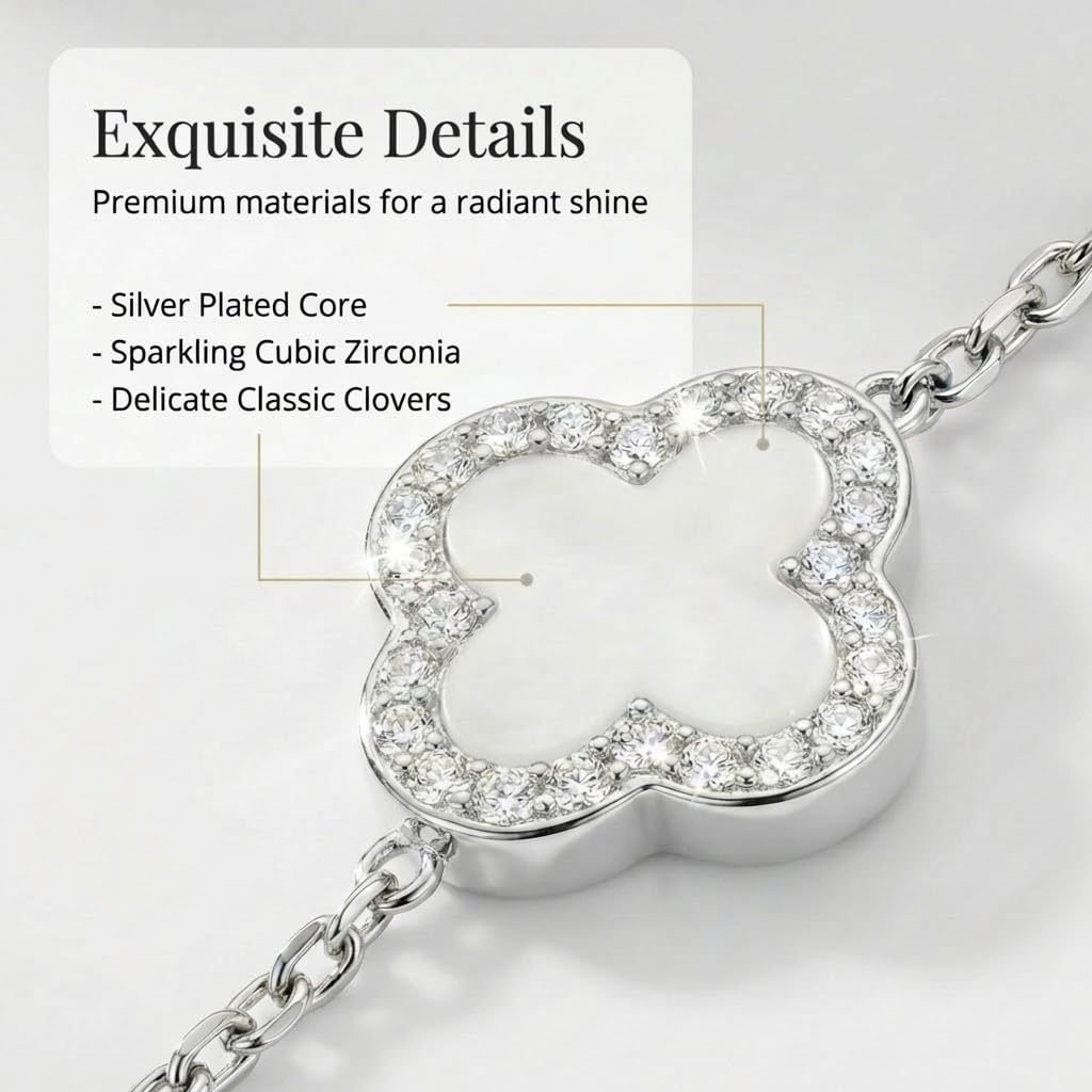 SHINYY Four Leaf Clover Bracelet for Women | 18K Gold Plated Cubic Zirconia Link Bracelet | 4 Leaf Lucky Jewelry Gift for Her (White Silver)