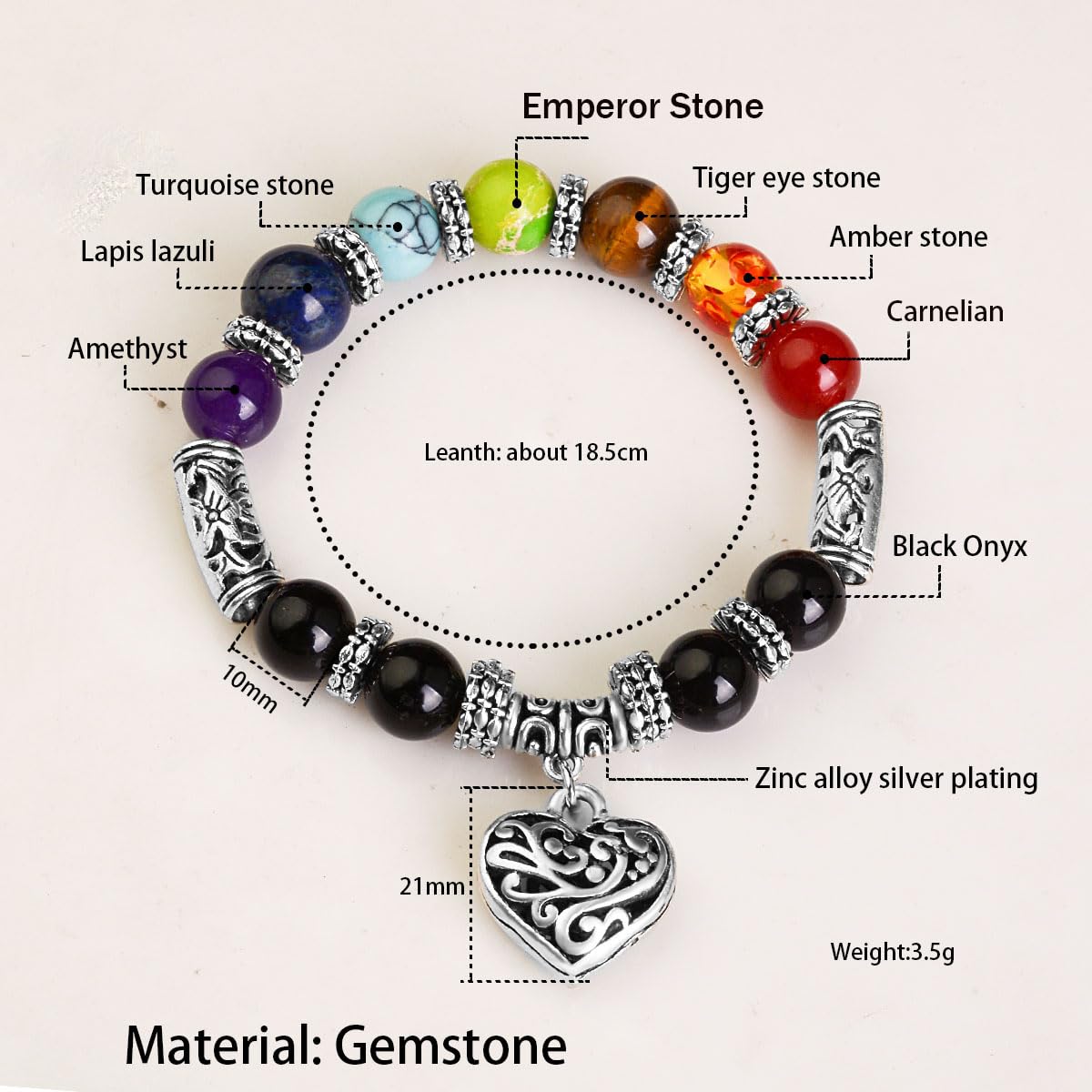 eMeition 7 chakra bracelet natural beads yoga meditation religion healing balance stones beaded healing balance bracelets for women heart pendant (heart)