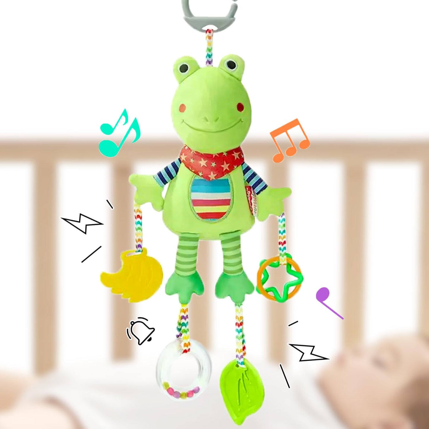 Cylazo Baby Hanging Toys, Plush Animal Stuffed Sensory Toys for Carseat Stroller Car Seat Crib Play Gym, Baby Toys for 0 3 6 9 12 Months, Baby Boys and Girls Gift (Frog)
