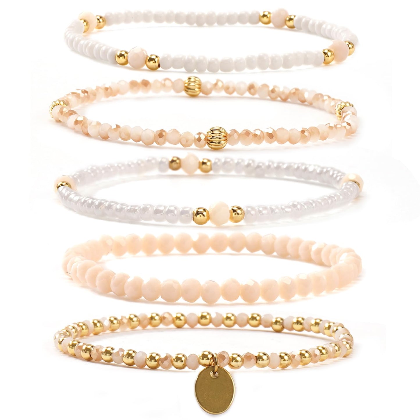 Bohxantium Gold Crystal Beaded Bracelets for Women 14K Gold Plated Beads Ball Bracelet Stack Stretch White Seed Beads Stackable Non Tarnish Trendy Jewelry Prom Birthday Friendship Gift for Women