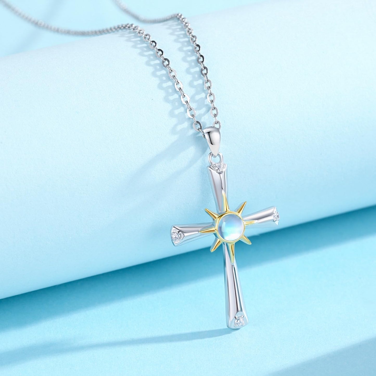 Silikepa Cross Necklace for Women 925 Sterling Silver Sun Cross Pendant Necklace with Moonstone Jewelry Gift for Women