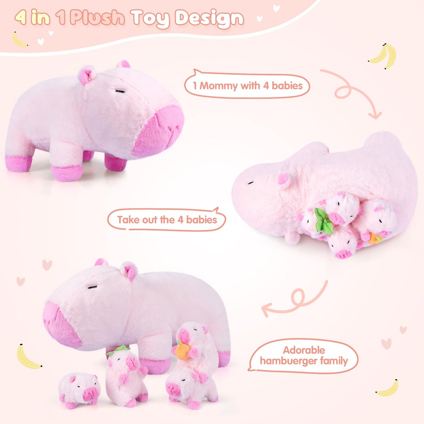 SuzziPals 5-in-1 Pink Capybara Plush with Babies Inside, 5Pcs Set Capybara Stuffed Animal with Mommy & 4 Babies, Cute Plush Pillow Decor, Cute 3 to 8 Year Old Girl Gift, Imaginative Toy (Capibara)