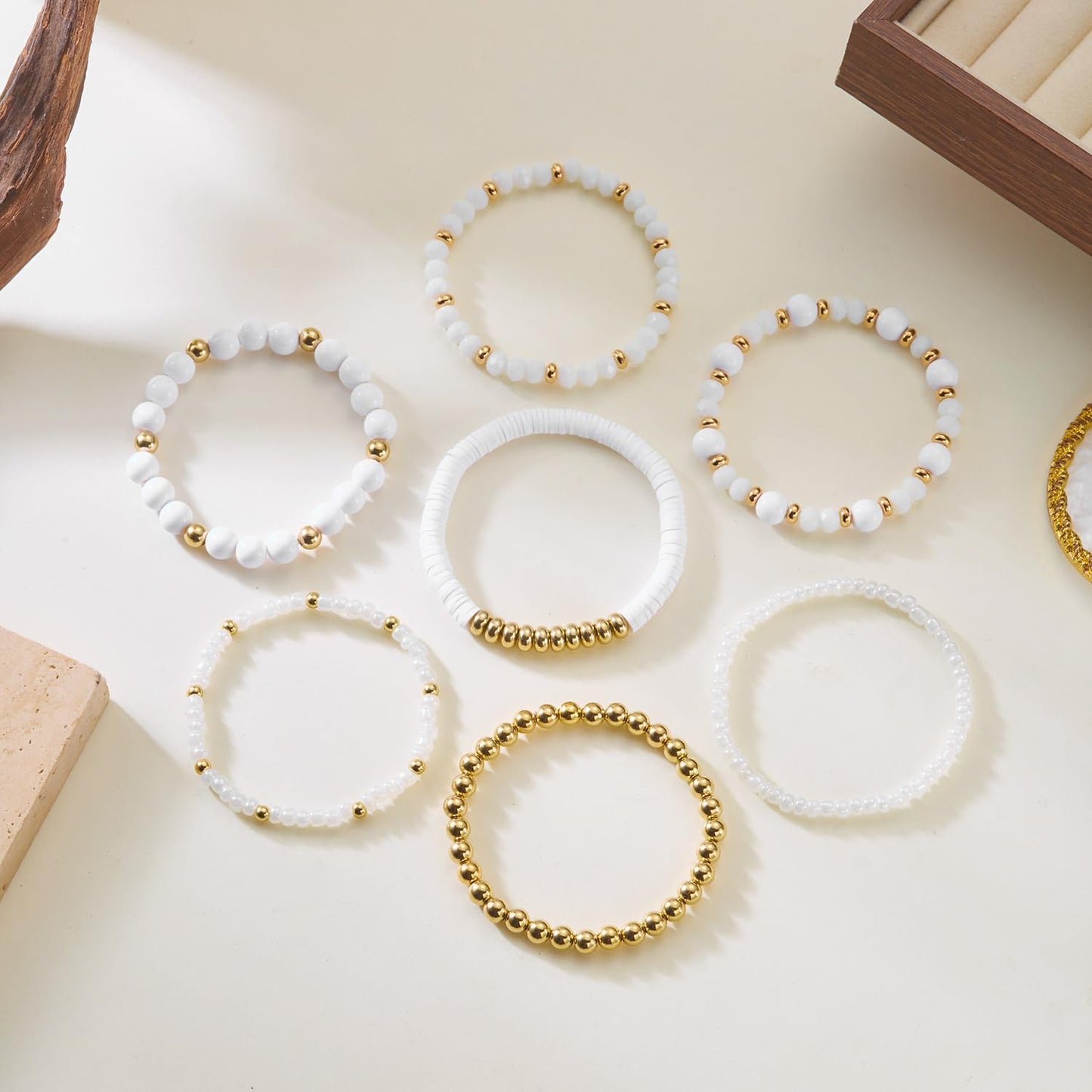 LOTSOF Boho Multilayer Beaded Bracelets Set for Women - Vintage Gold & Brown Stackable Stretch Bracelets, Bohemian Handmade Jewelry for Daily Style & Gifting (White)