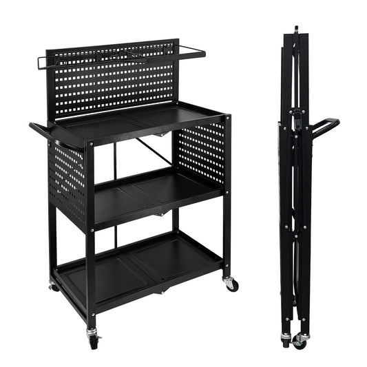 Lumizone Foldable Tool Cart with Wheels Rolling Utility Service Cart with Pegboard for Power Tool Organization Garage Organizer Storage on Wheels Heavy Duty Folding Design (Tool Cart)