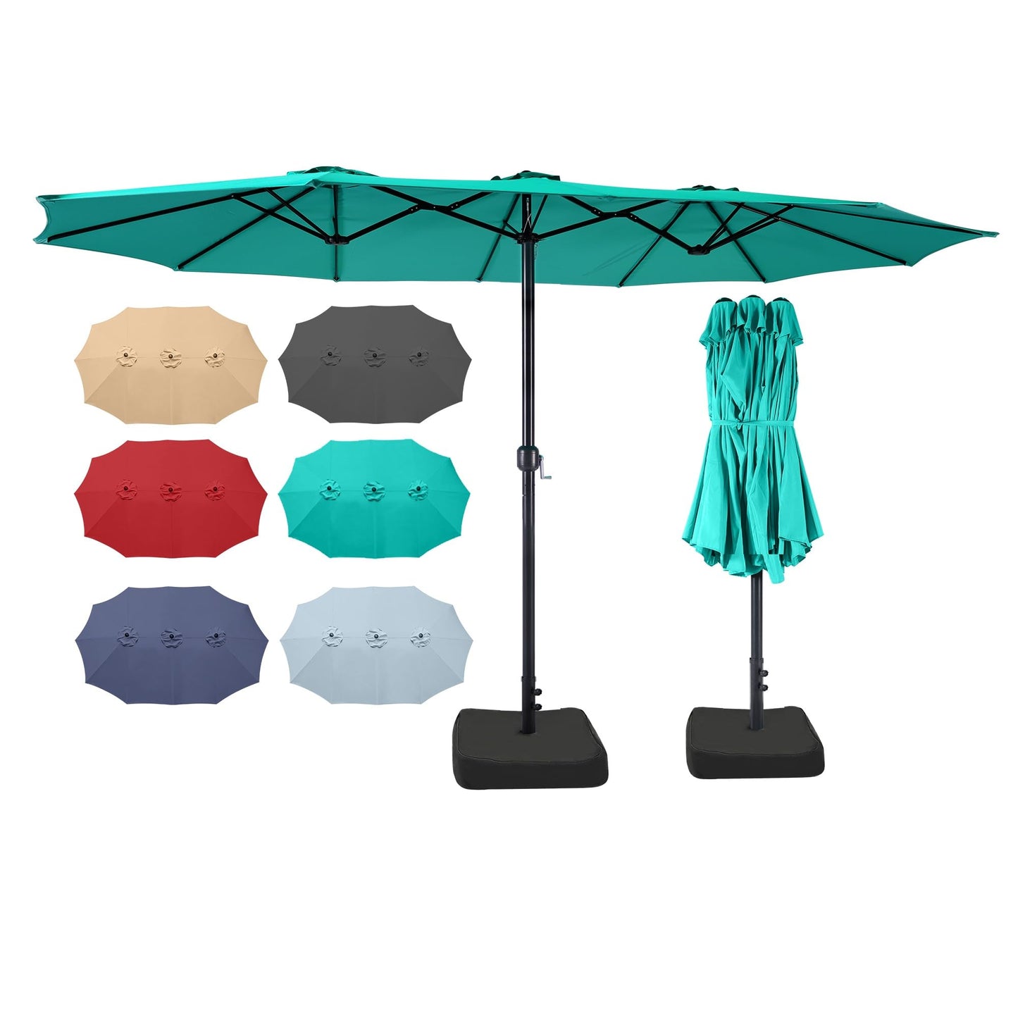 Bigroof 15ft Patio Umbrella with Base, Large Outdoor Double-Sided Market Umbrella with Terylene Polyester Fabric and Crank for Poolside Garden Deck Backyard Beach Pools (Turquoise)
