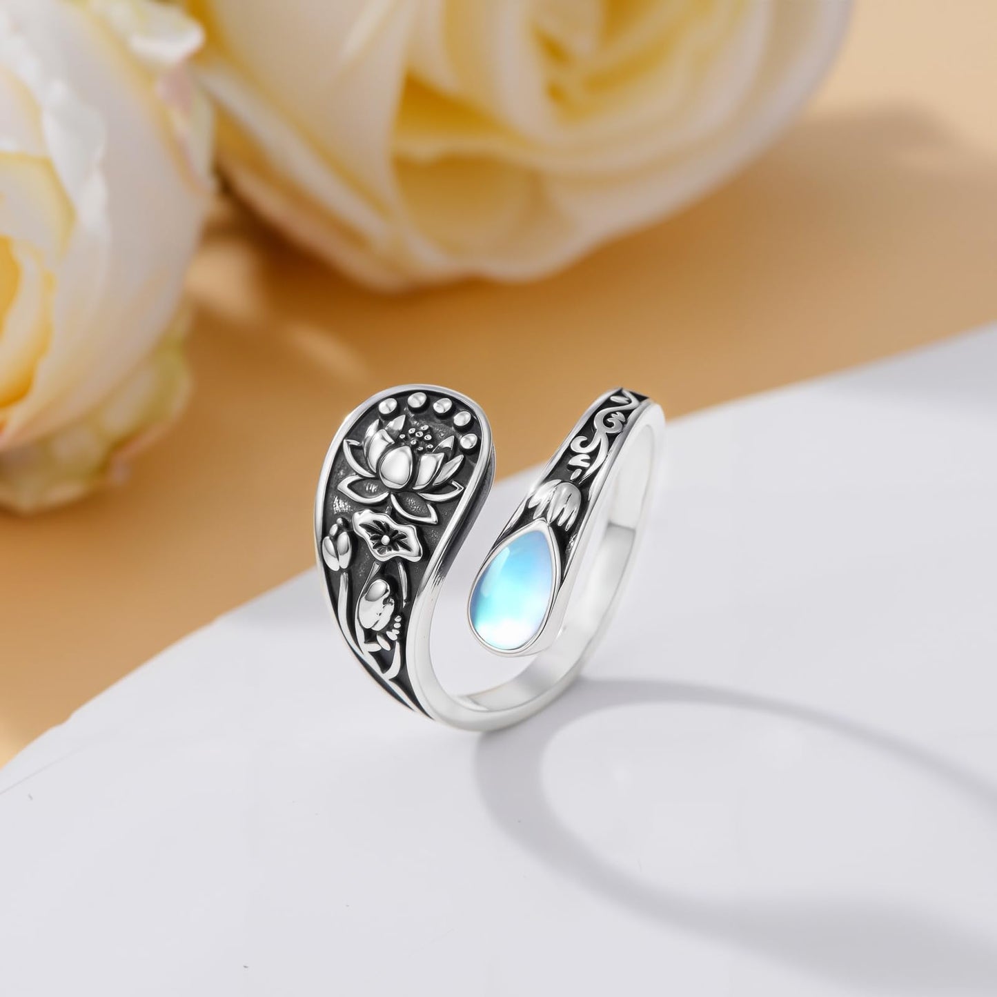 Midari Lotus Moonstone Spoon Rings for Women 925 Sterling Silver Adjustable Open Lotus Flower Finger Thumb Rings Just Breathe Jewelry for Women Yoga Lovers Birthday Christmas Gifts (with Fine Box)