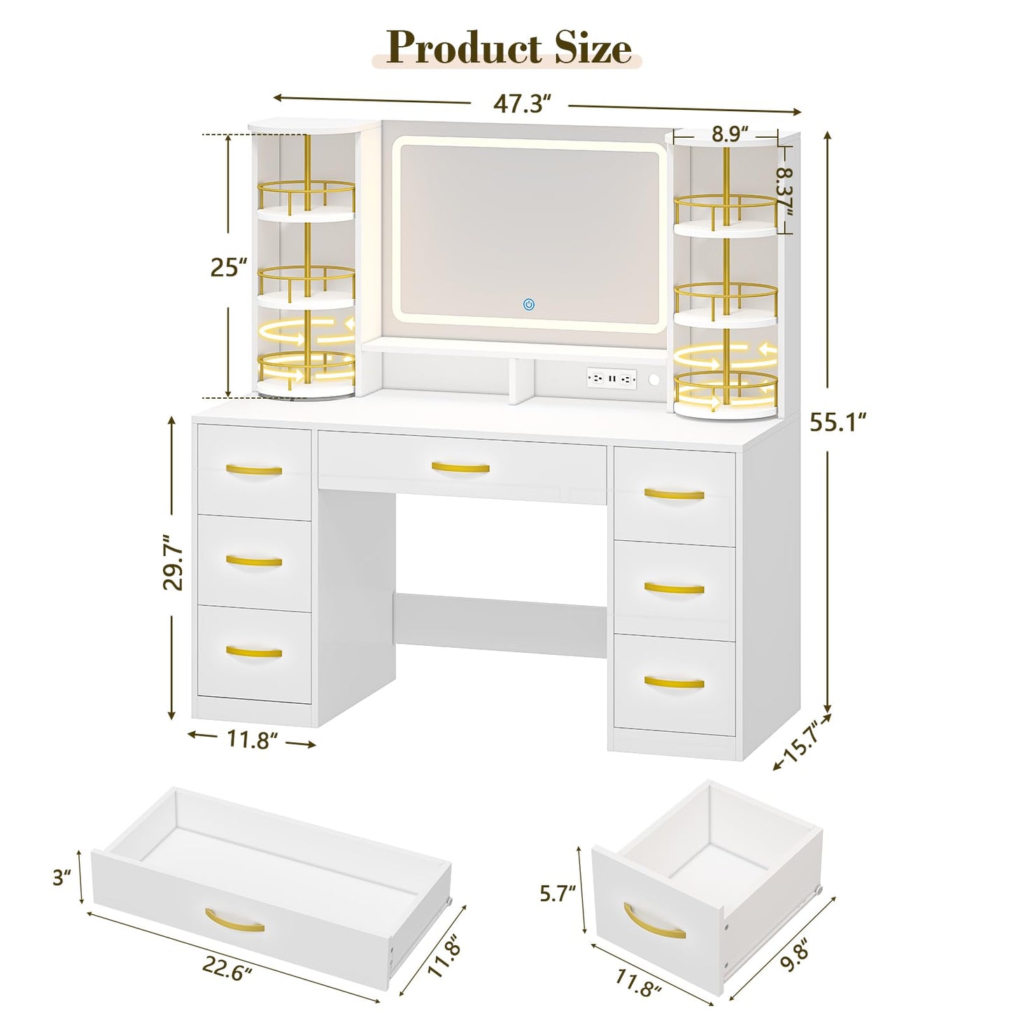 Vanity Desk with LED Mirror and 360 Rotating Makeup Organizer Shelves, White Makeup Vanity with Lights & Charging Station, Large Vanity Table with 6 Storage Drawers Bedroom Makeup Desk for Women Girls