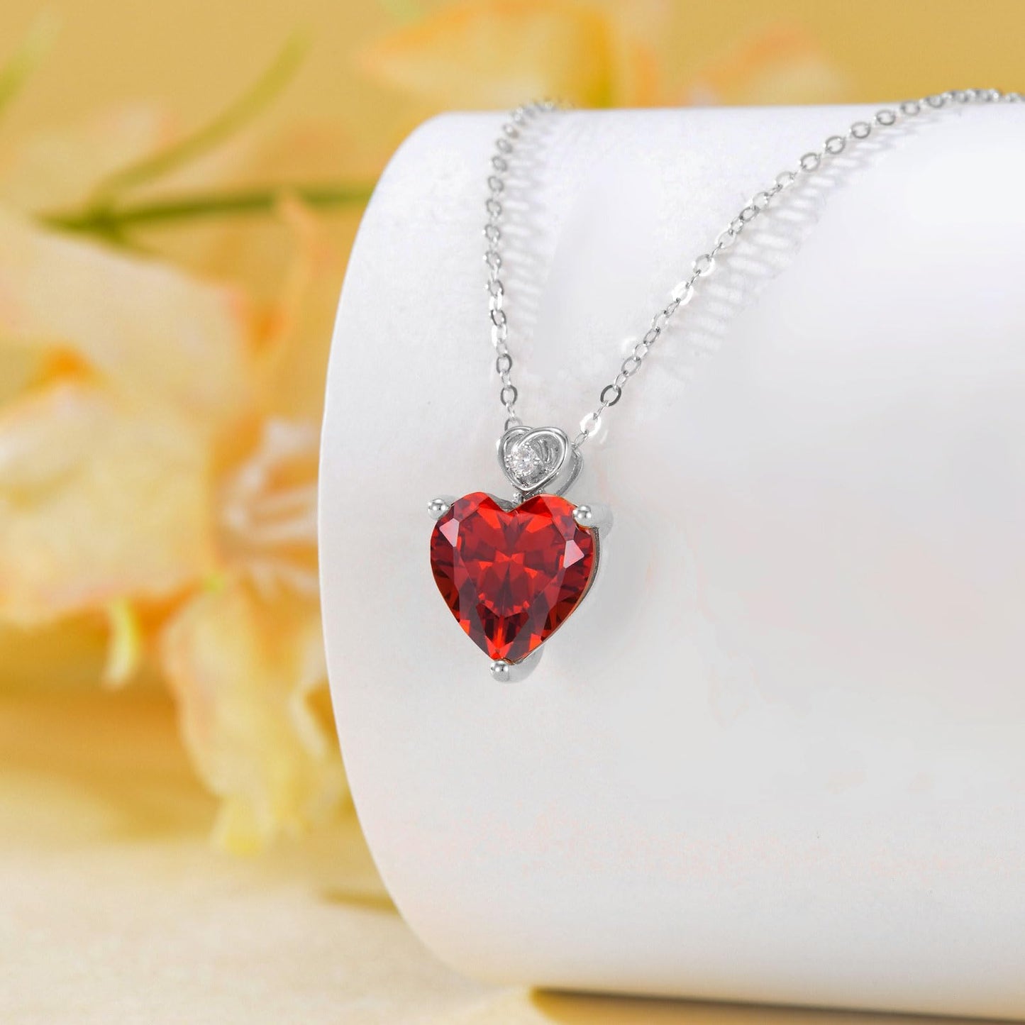 NFYBD 14k White Gold Love Heart Garnet Birthstone Pendant Necklace for Women 3 Carat Heart-cut Created Gemstone Anniversary Birthday Mother's Day Necklaces for Her-jan