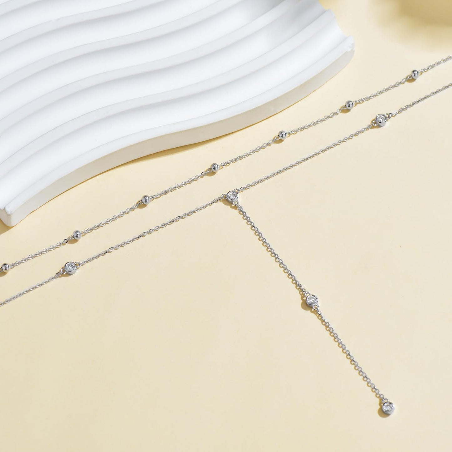 LWXIE Diamond Station Layered Lariat Necklace for Women 925 Sterling Silver Layering Y-Shaped Chain Necklace with Lab Grown Diamond Jewelry Gifts 0.3 CTTW D Color VVS Clarity, 14 inch + 16 inch Chain