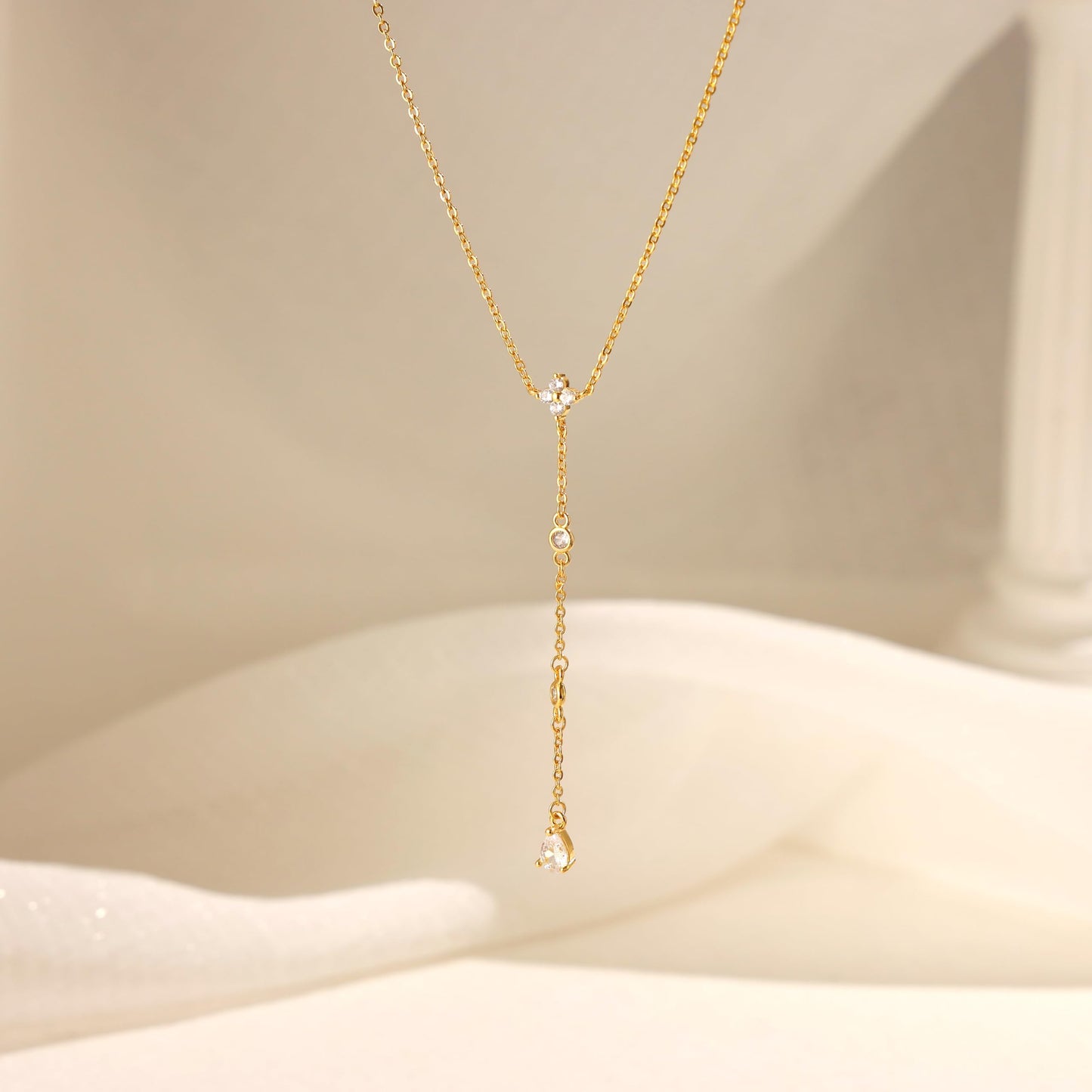 CHESKY Dainty Long Gold Necklaces for Women Trendy, Lariat Y Necklace 14k Gold Plated Layered Drop Necklaces Simple Handmade Cz Pendant Chain Gold Jewelry for Women Gifts