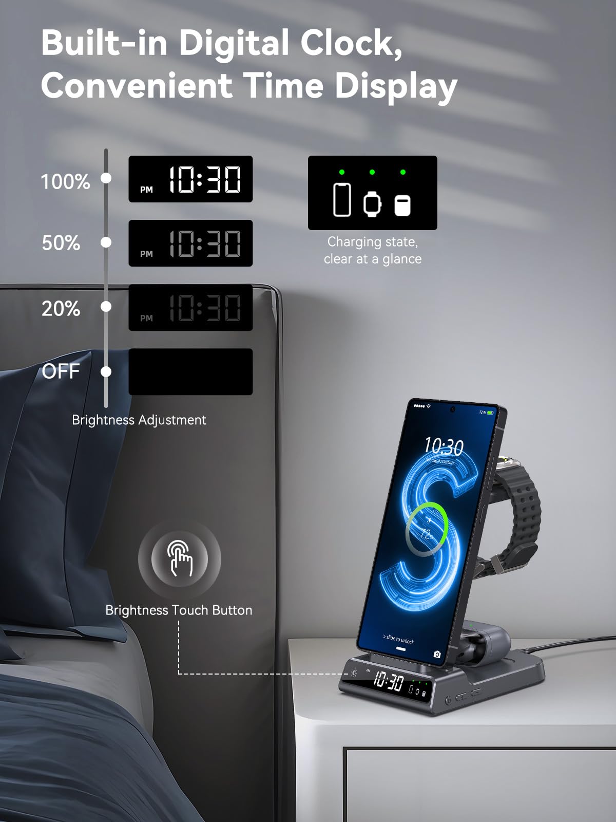 Wireless Charger for Samsung Charging Station with Clock for Samsung Galaxy S25 Ultra/S24/Z Flip 7/Z Fold 6/Bud, 3 in 1 Android Charging Station, Watch Charger for Samsung Galaxy Watch 8/7/6/5 (Grey)