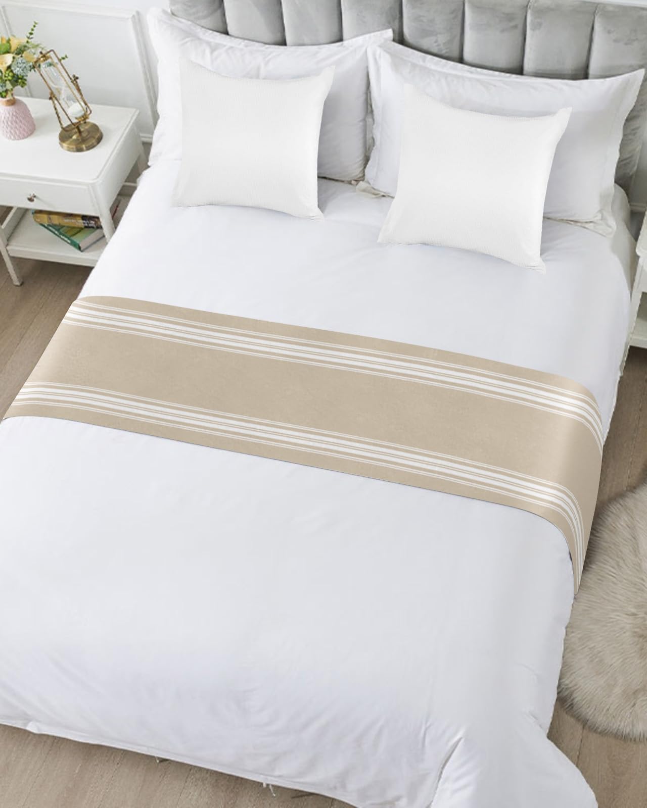 Bed Runner for Queen Size Bed, Beige Striped Bed Scarf Throws for Foot of Bed, Farmhouse Luxurious White Stripes Modern Abstract Art Luxury Bedding Protector Bed Runners for Hotel/Home, 83 x 20 Inch
