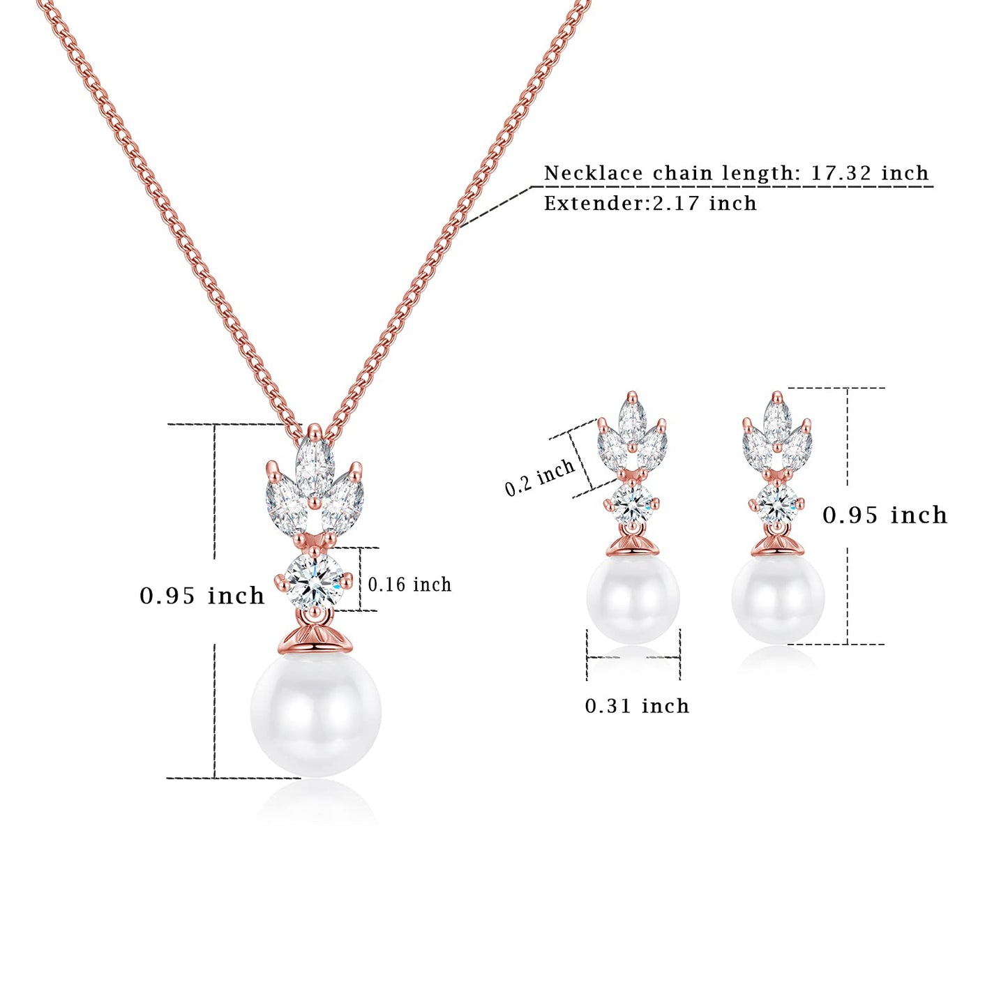 IDASANY Wedding Jewelry for Bride Bridesmaid, Rose Gold Pearl Dangle Earrings and Pendant Necklace Set Bridal Jewelry for Promise Wedding Party, Pack of 2