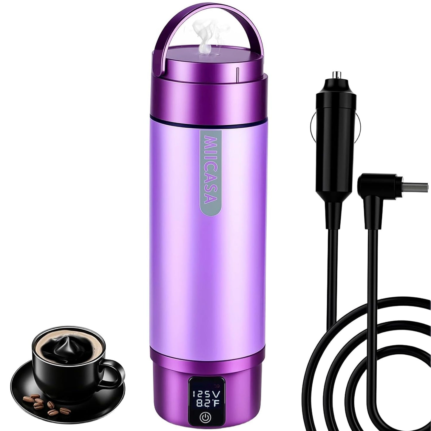 MIICASA Car Electric Kettle, 12V/24V Car Water Boiler, Vehical Water Heater with Stainless Steel Double Wall Vacuum Insulated, 6 Temperature and Auto Shut-Off Boil Dry,16oz