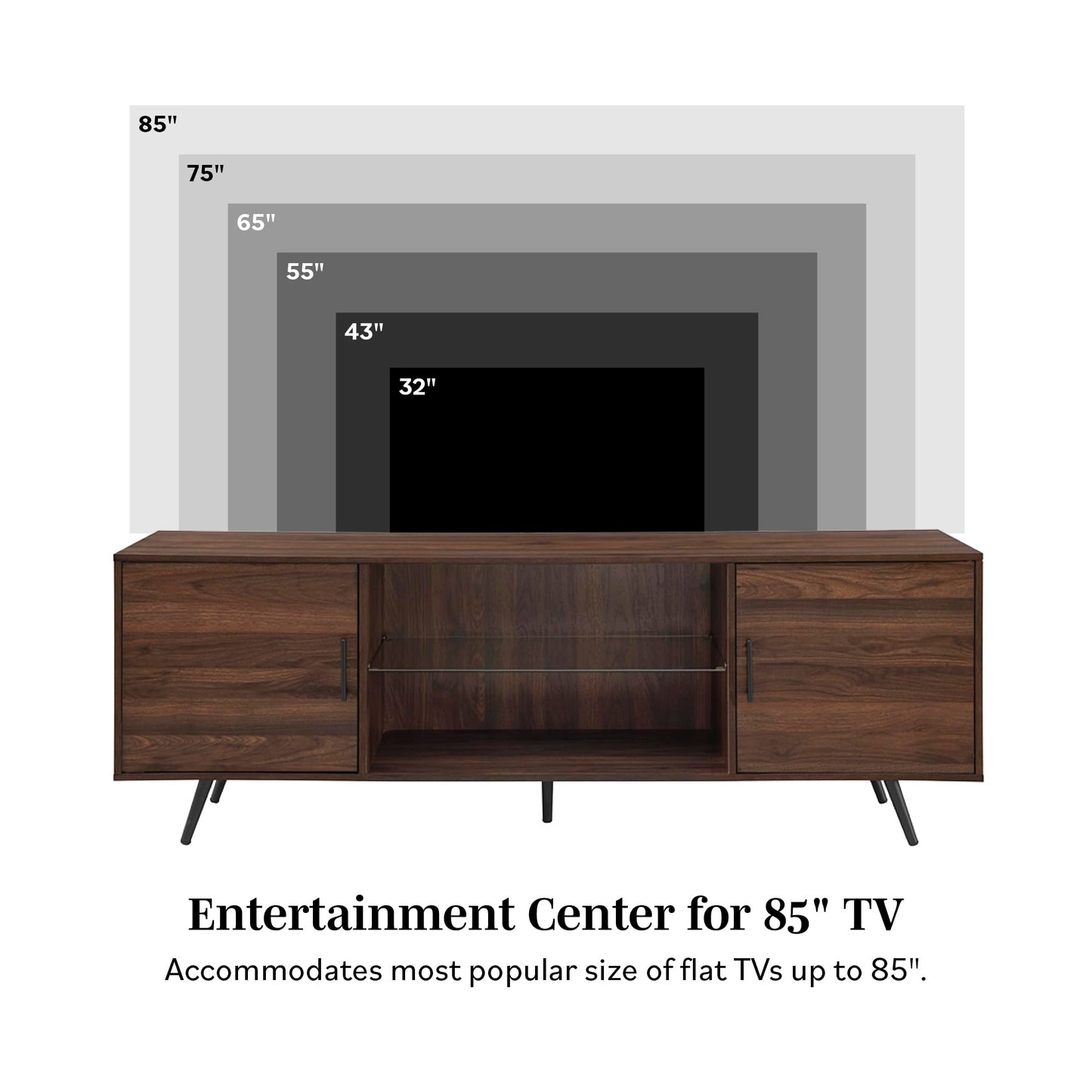 Walker Edison Saxon Mid Century Modern 2 Door Glass Shelf TV Stand for TVs up to 80 Inches, 70 Inch, Dark Walnut