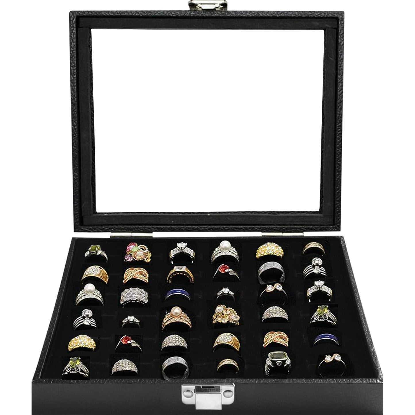 Ring Jewelry Organizer Box, 36 Slots Rings Display Storage Case Earring Showcase - Black Velvet Jewelry Stand Holder Tray with Transparent Glass Lid - Ideal Gift for Women Girl
