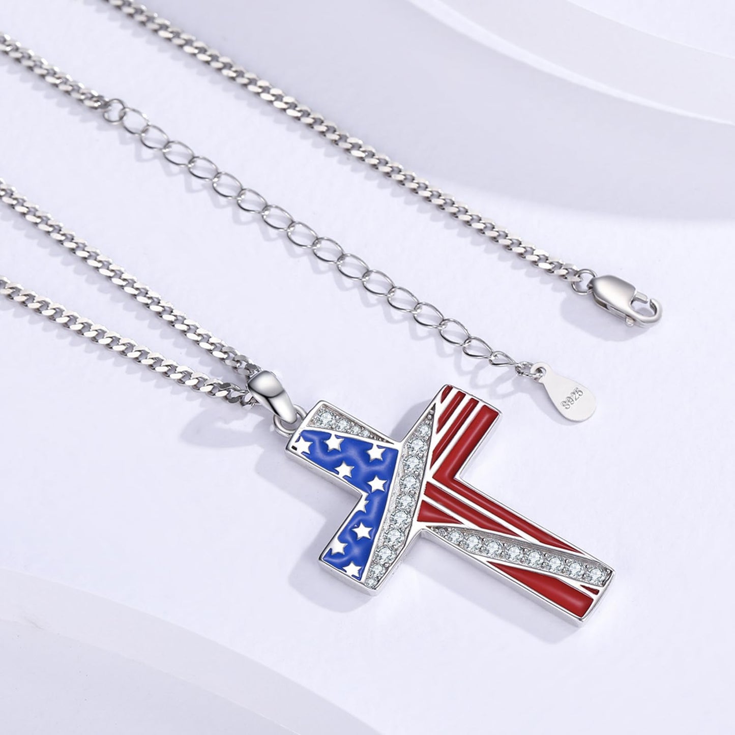 YEESIA American Flag Cross Necklace for Men Women 925 Sterling Silver Patriotic Pendant Necklace Christian Jewelry Gift for Men Women