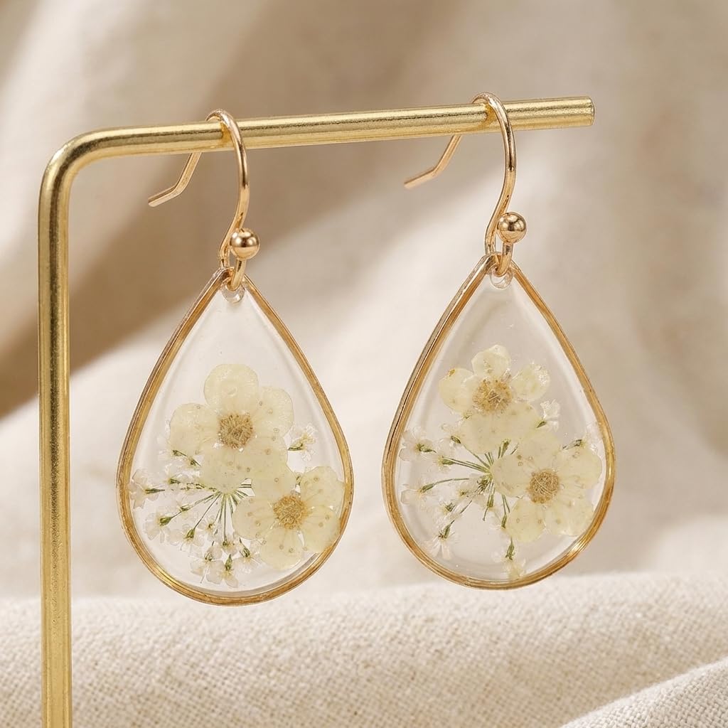 Jean Beau Handmade Pressed Flower Earrings for Women, Unique Resin White Dried Flowers Gold Plated Teardrop Dangle Drop Nature Floral Earings Fashion Summer Jewelry Gift