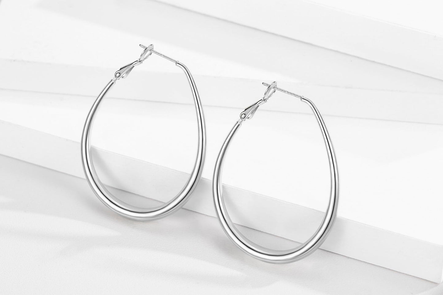 Big Oval Hoop Earrings for Women - 14K Gold Plated, Rose Gold Plated and Sterling Silver Plated Large Oblong Hoop Earrings for Women Statement Jewelry Gifts (silver)