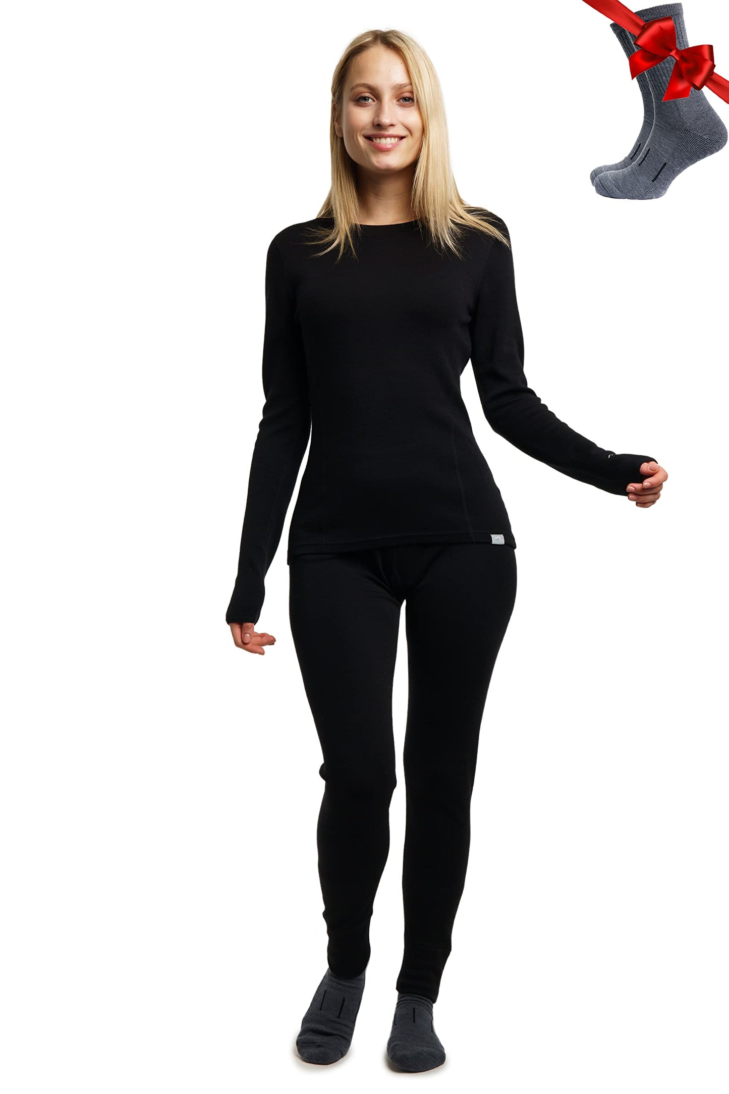 Merino.tech Merino Wool Base Layer Women Set - Heavyweight, Lite, Midweight Merino Thermal Underwear for Women Top, Bottom (Small, 320 Black)
