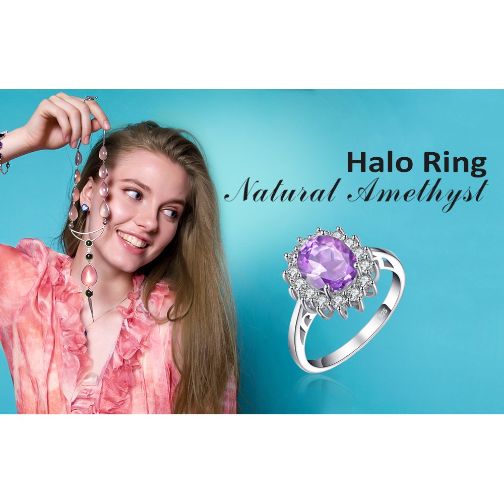 JewelryPalace Princess Diana Kate Middleton Gemstone 1.8ct Genuine Purple Amethyst Halo Statement Engagement Rings for Women, 14K White Gold Plated 925 Sterling Silver Promise Rings for Her 10.5