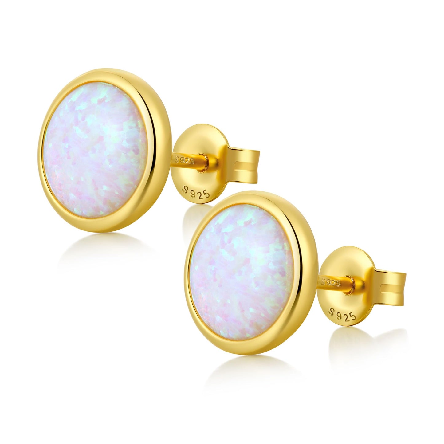 Opal Stud Earrings for Women Men, 925 Sterling Silver Hypoallergenic Earrings, Round & Oval Bezel Set Created Opal, Multi-Color Jewelry Gift (White/Red/Blue/Green)