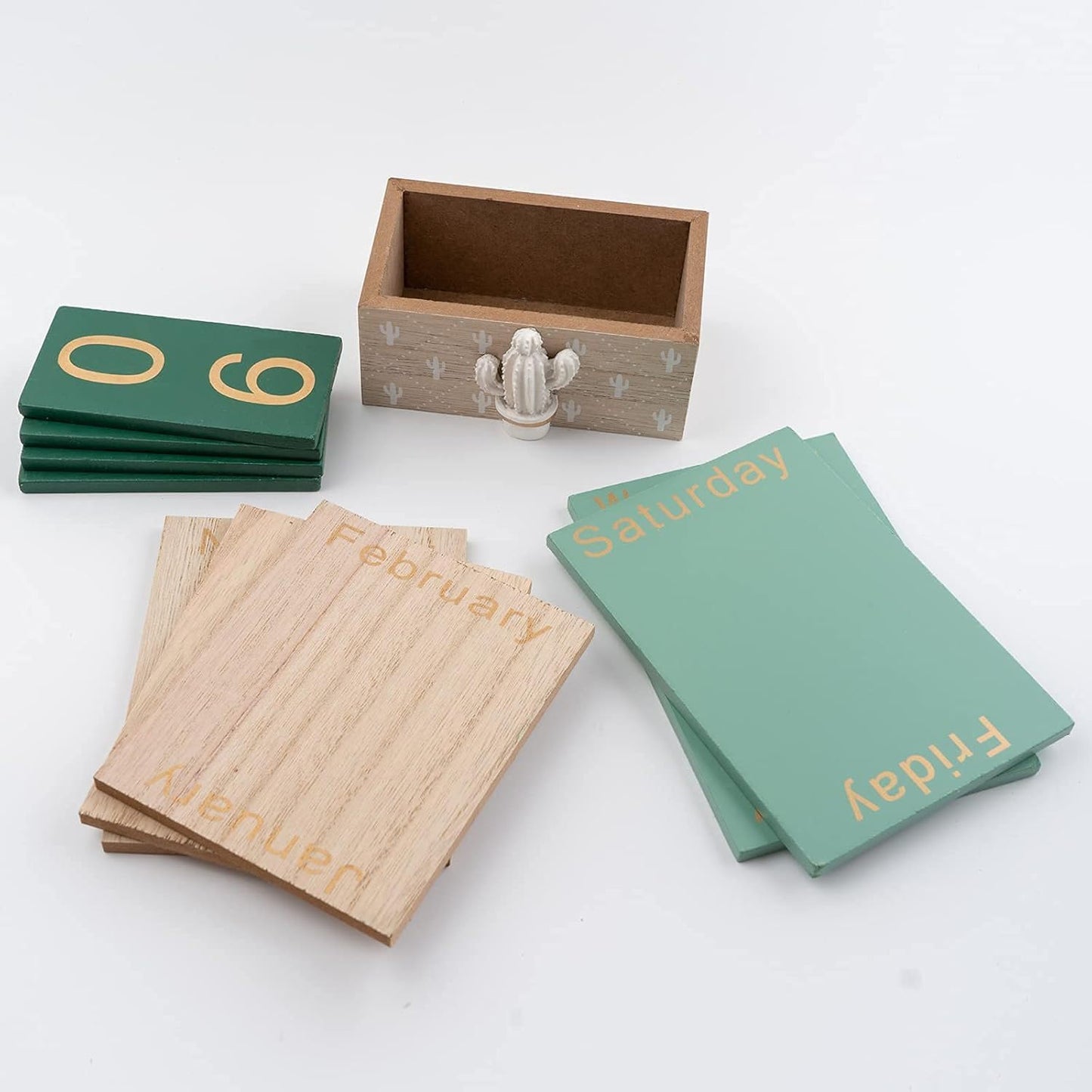 ZENSEWEN Cactus Wooden Perpetual Calendar for Desk Decor - Aesthetic Boho Office Accessories & Wood Block Daily Calendar - Reusable Classroom Decor & Unique Plant Lover Gift for Teachers, Students & Coworkers