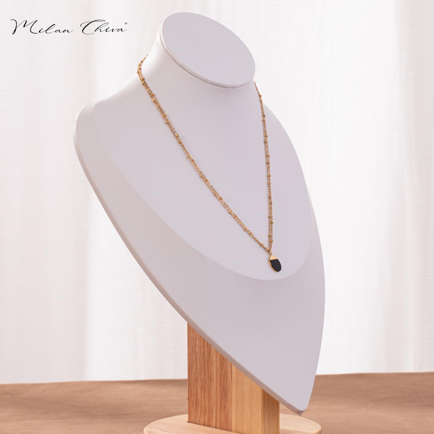 Milan Chiva 14K Gold Plated Black Agate Layered Stacked Necklace for Women, Dainty Trendy Non Tarnish Oval Pendant Charm Necklaces Fashion Jewelry for Women Waterproof MNS-1009BK