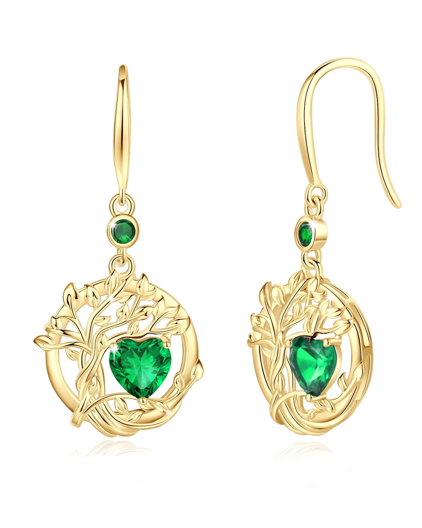 FANCIME Tree of Life Earrings 925 Sterling Silver Dainty Yellow Gold Plated Emerald Dangle Drop Green Gemstone Earring May Birthstone Fine Jewelry Birthday Mothers Day Gifts for Her Women