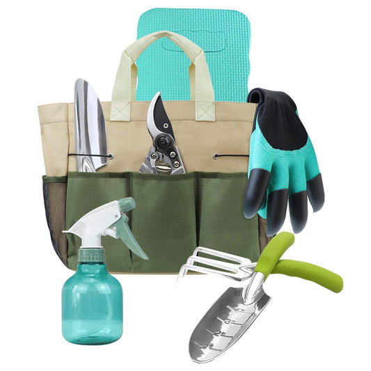 Garden Tools Set with 3 Aluminum Gardening Tools, 1 Pruning Shear, 1 Mister Spray Bottle, 1 Foam Kneeler，1 Garden Gloves with Claws and 1 Gardener Bag, Gifts for Mom Dad