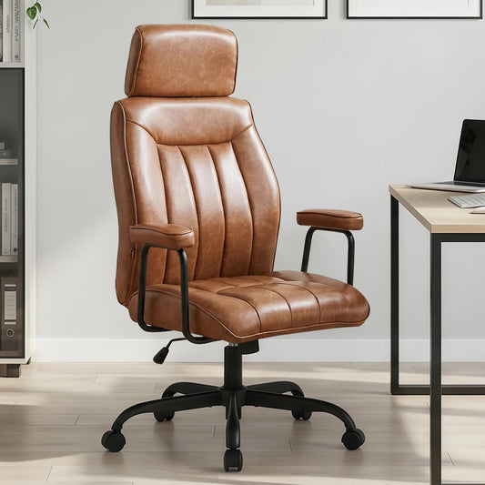 Furniliving Leather Office Chair with Adjustable Headrest, Mid-Century Modern High-Back Office Desk Chair, Ergonomic Computer Chair with Wheels, Armrests, Lumbar Support, Brown