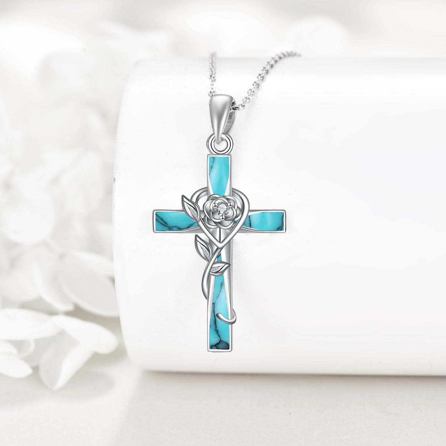 ONEFINITY Turquoise Cross Necklace 925 Sterling Silver Rose Flower Cross Pendant Turquoise Jewelry Gifts For Women
