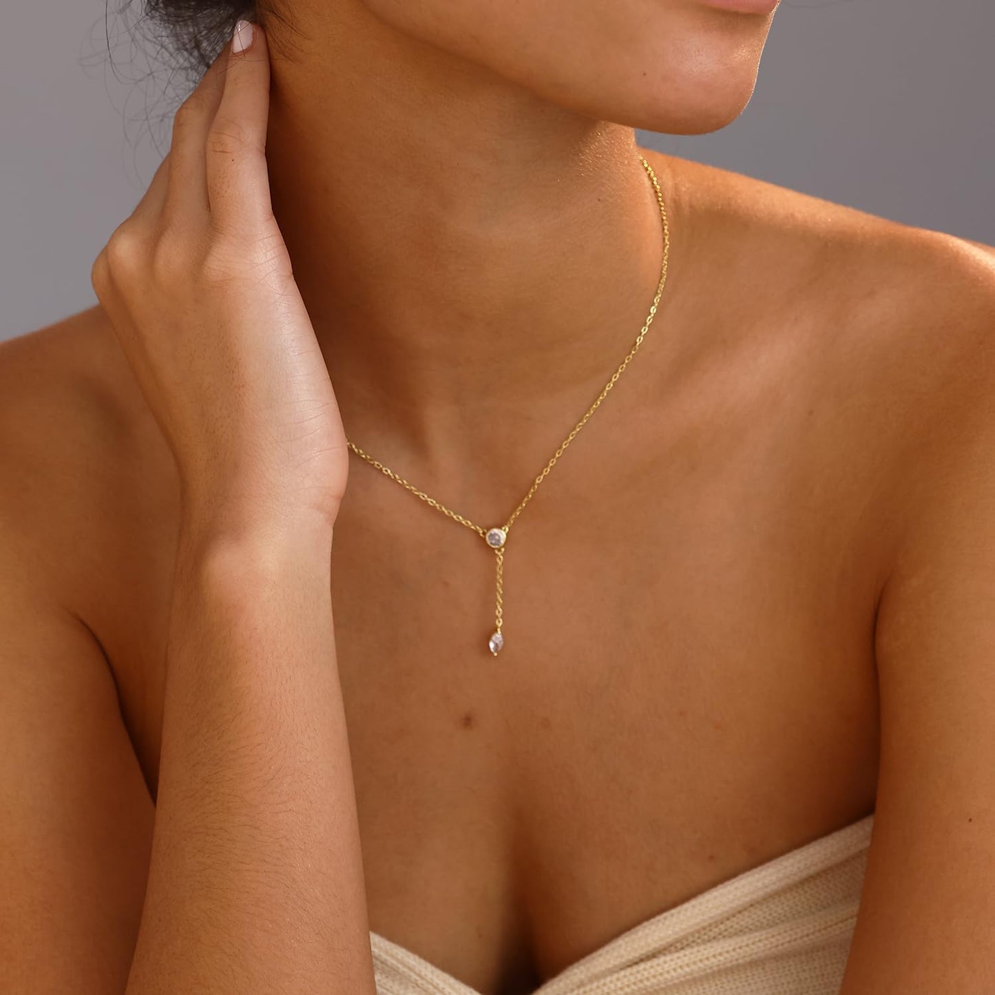 Fwlisesa Gold Necklace for Women, 14k Gold Plated Teardrop Lariat Necklace Dainty Long Necklaces for Women Trendy Simple Y Shaped Necklace Charm Gold Drop Necklace Summer Jewelry for Women