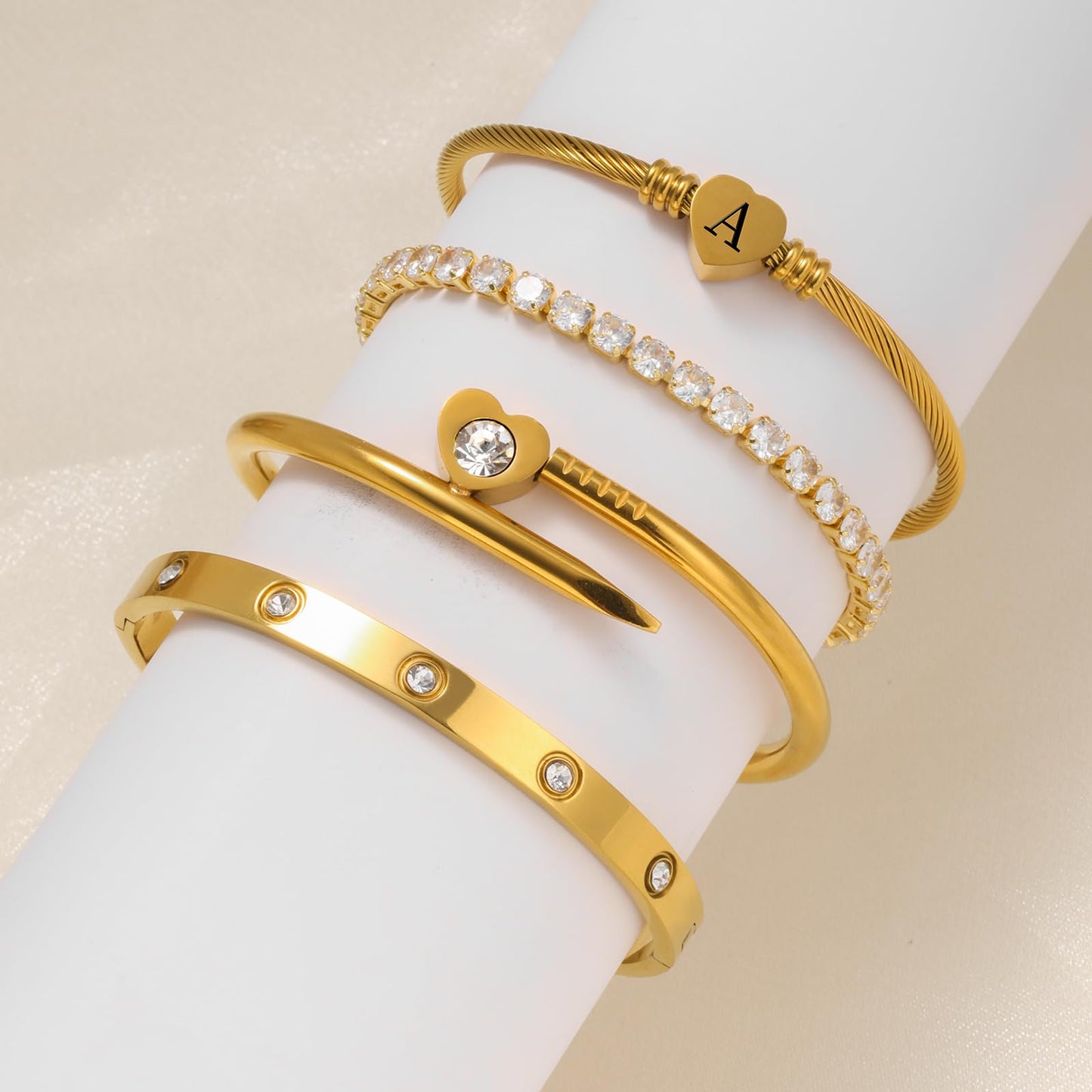 MEIERYA18K Gold Plated Nail love Bangle Bracelet Set for Women,Cubic Zirconia,Adjustable tennis bracelet Trendy Gift Jewelry for Mother's Day Anniversary (01-Style-A)