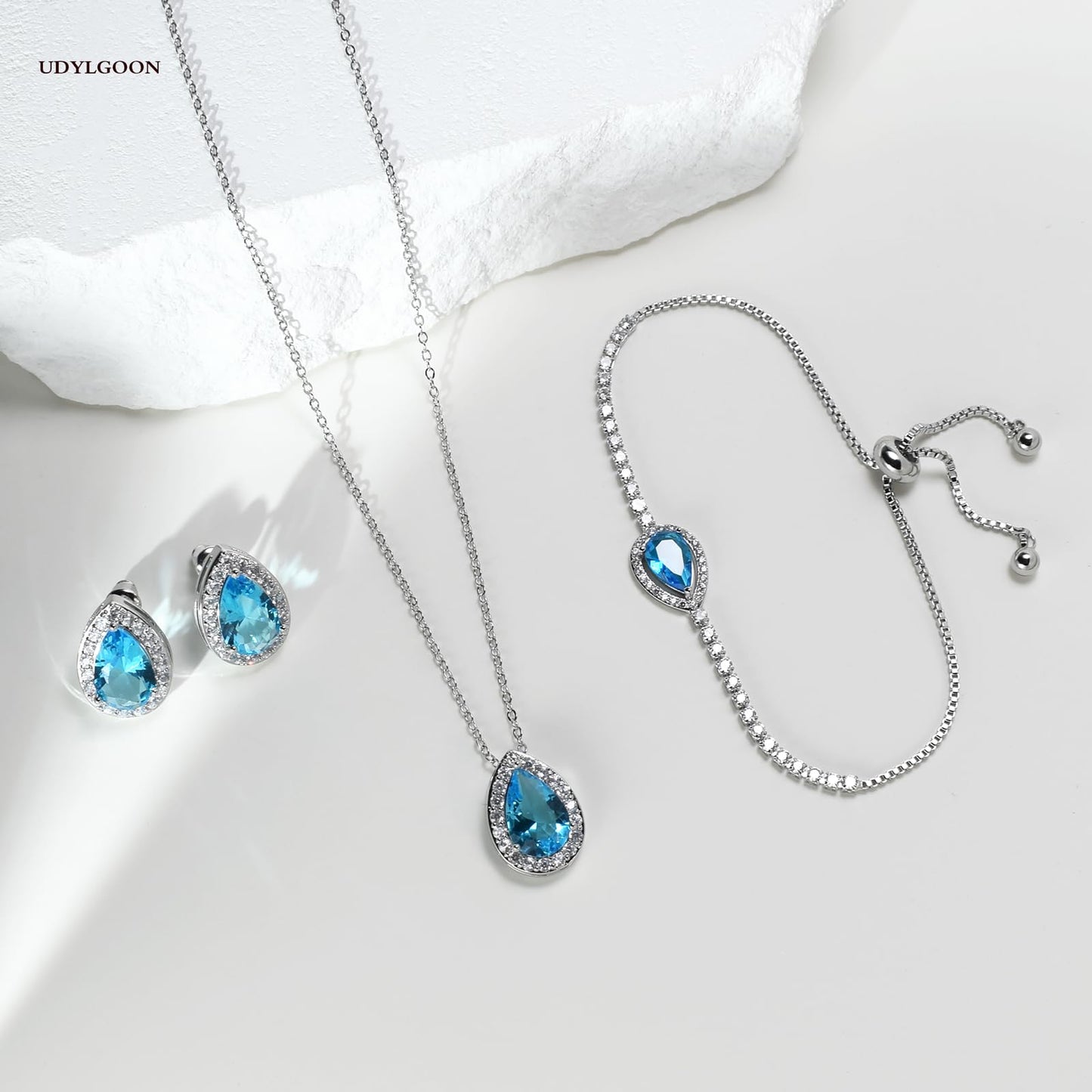 UDYLGOON Teardrop CZ Bridal Jewelry Set Imitation Diamond Earrings Necklace Bracelet for Bride Bridesmaids Wedding Prom Party (Drop-Sky Blue)