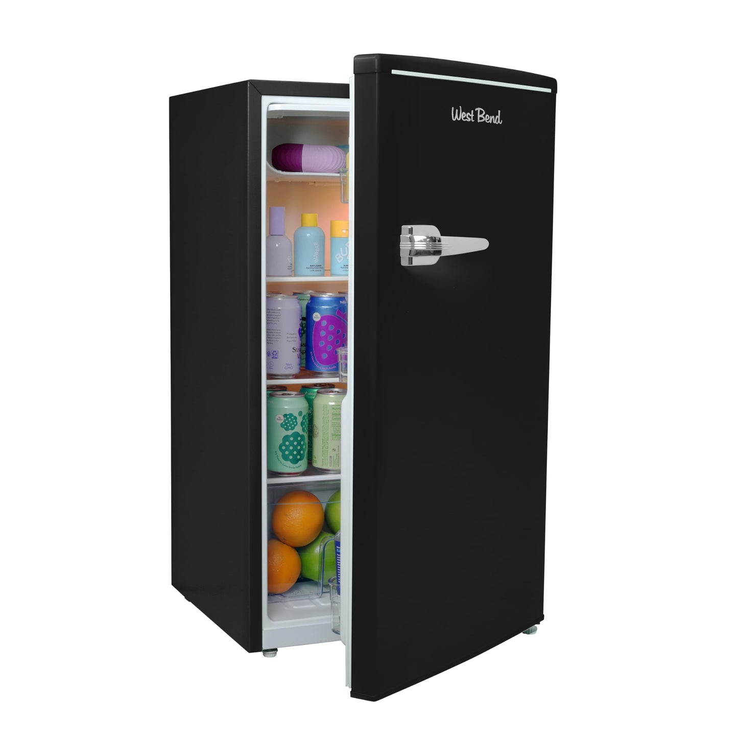 West Bend Mini Fridge for Bedroom, Office, Bar or College Dorm Room, Retro Compact Refrigerator features single door, removable glass shelves and adjustable temperature control, 3.0-Cu.Ft., Black