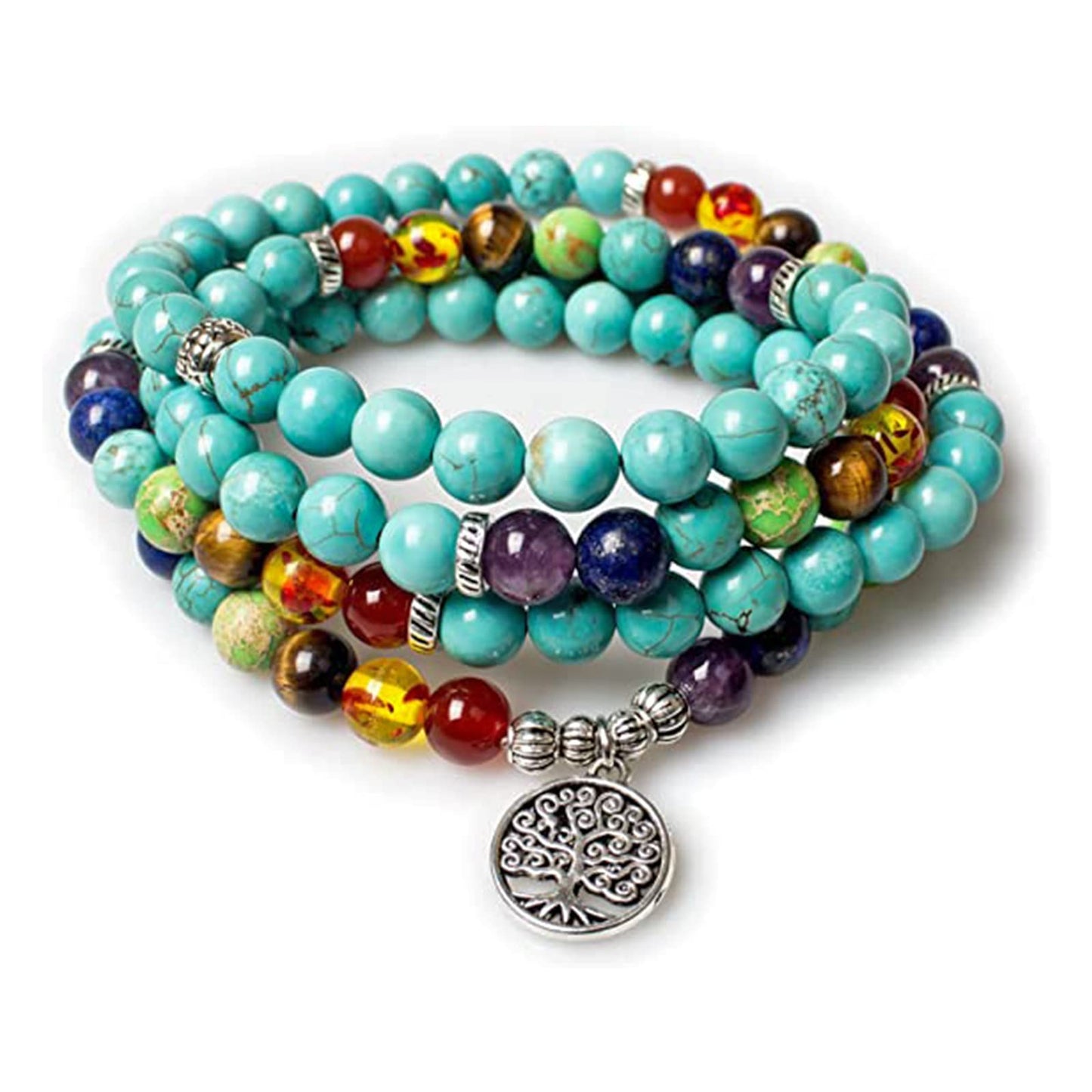 PWMENLK 108 Mala Beads Necklace 7 Chakra Buddhist Prayer Beaded Bracelet Tree of Life Pendant Stone Yoga Necklace(turquoise)
