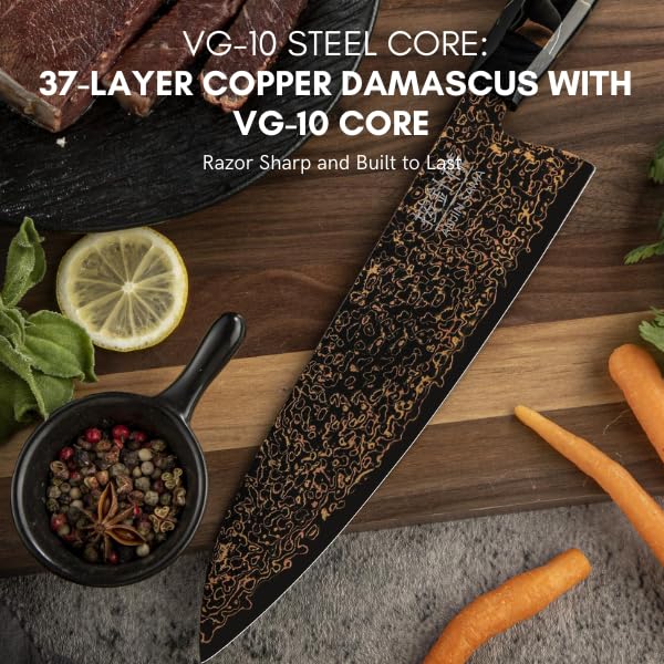 ANJIN-SAMA 8" Gyuto – Handmade Japanese CuMai Copper Damascus Chef Knife – Ultra Sharp Kitchen Chopping Knife.