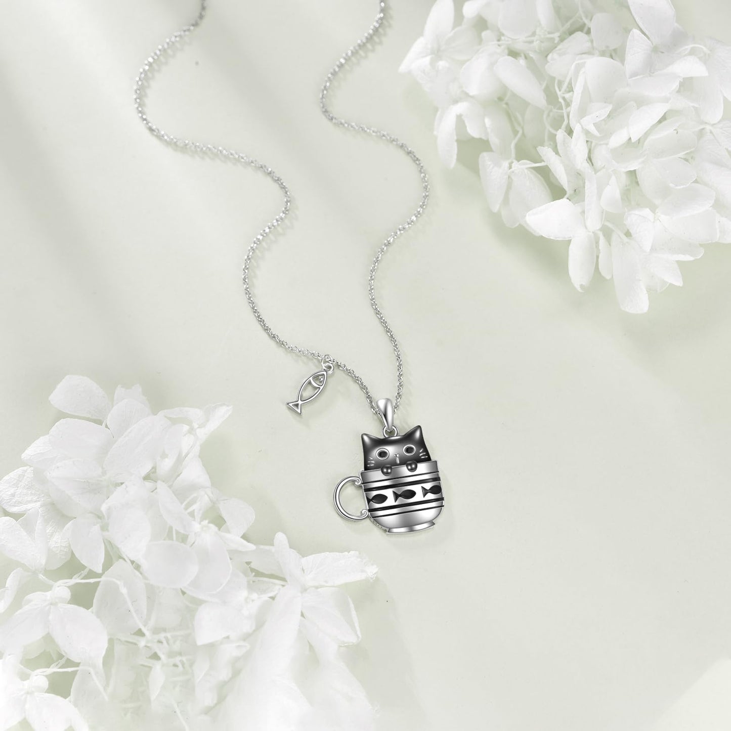 YAFEINI Black Cat Necklace S925 Sterling Silver Cup Cat Pendant Necklaces with Fish Cats Jewelry Gifts for Women Mom Wife Friends