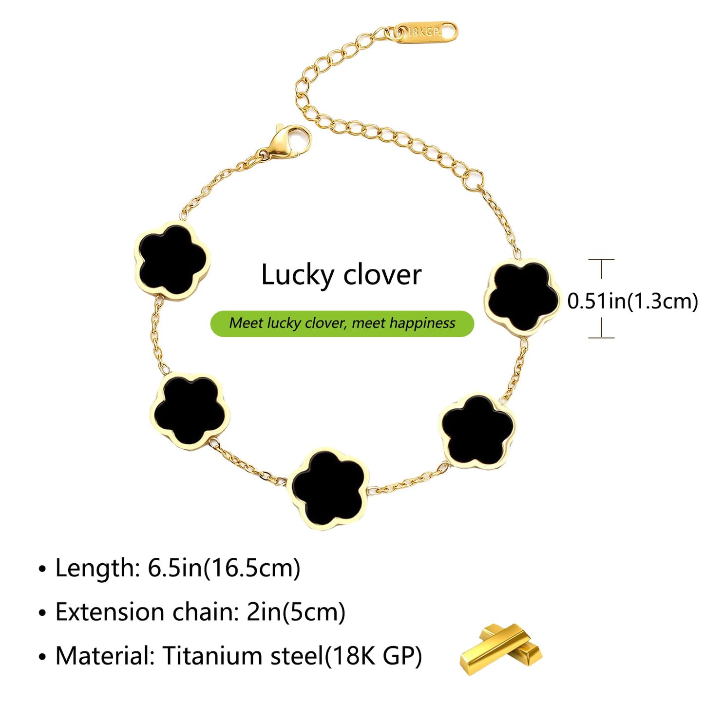 Eclatienne Four Leaf Clover Bracelet for Women – 18K Gold Plated Stainless Steel Lucky Bracelet, Adjustable 4 Leaf Charm Jewelry Gift (Black Floral)