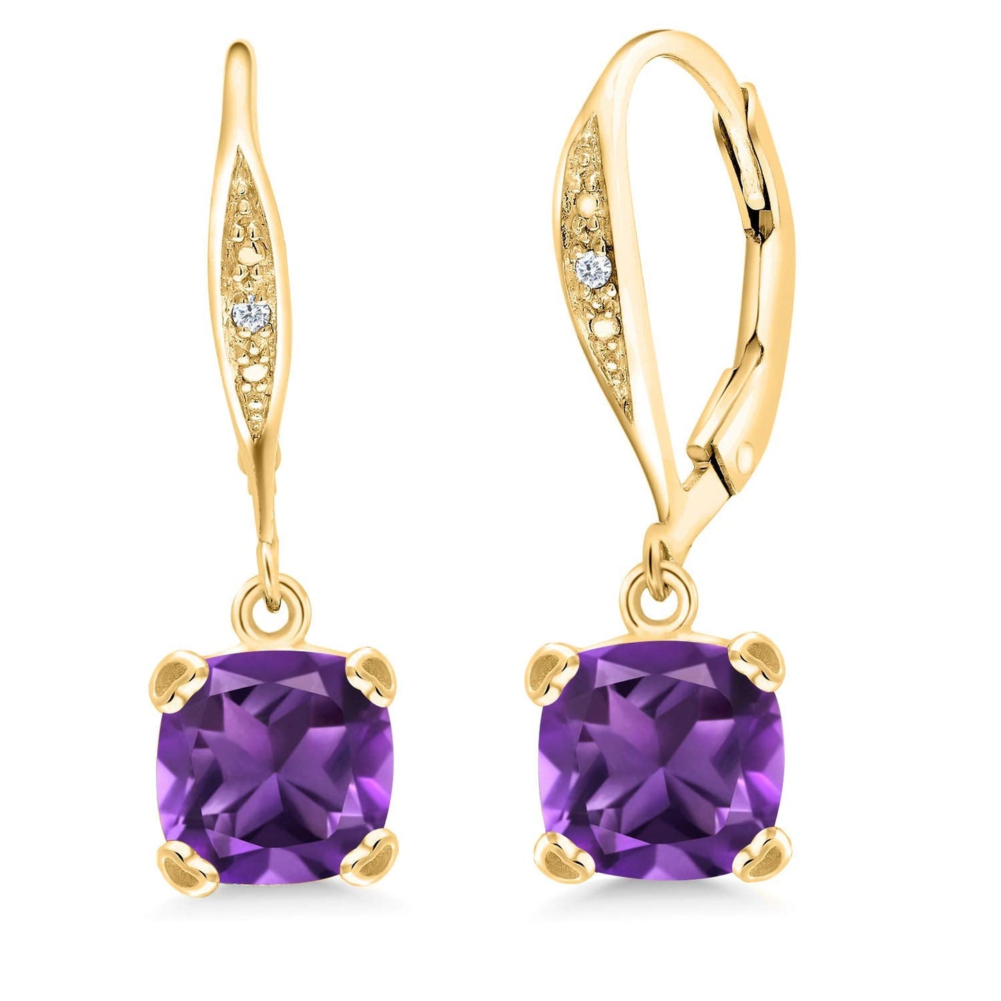 Gem Stone King Drop Dangle Earrings For Women | 7MM Cushion Cut Gemstone Birthstone and Diamond | 925 Sterling Silver | Jewelry Gift for Mom Wife Her | Amethyst-February | Yellow Gold